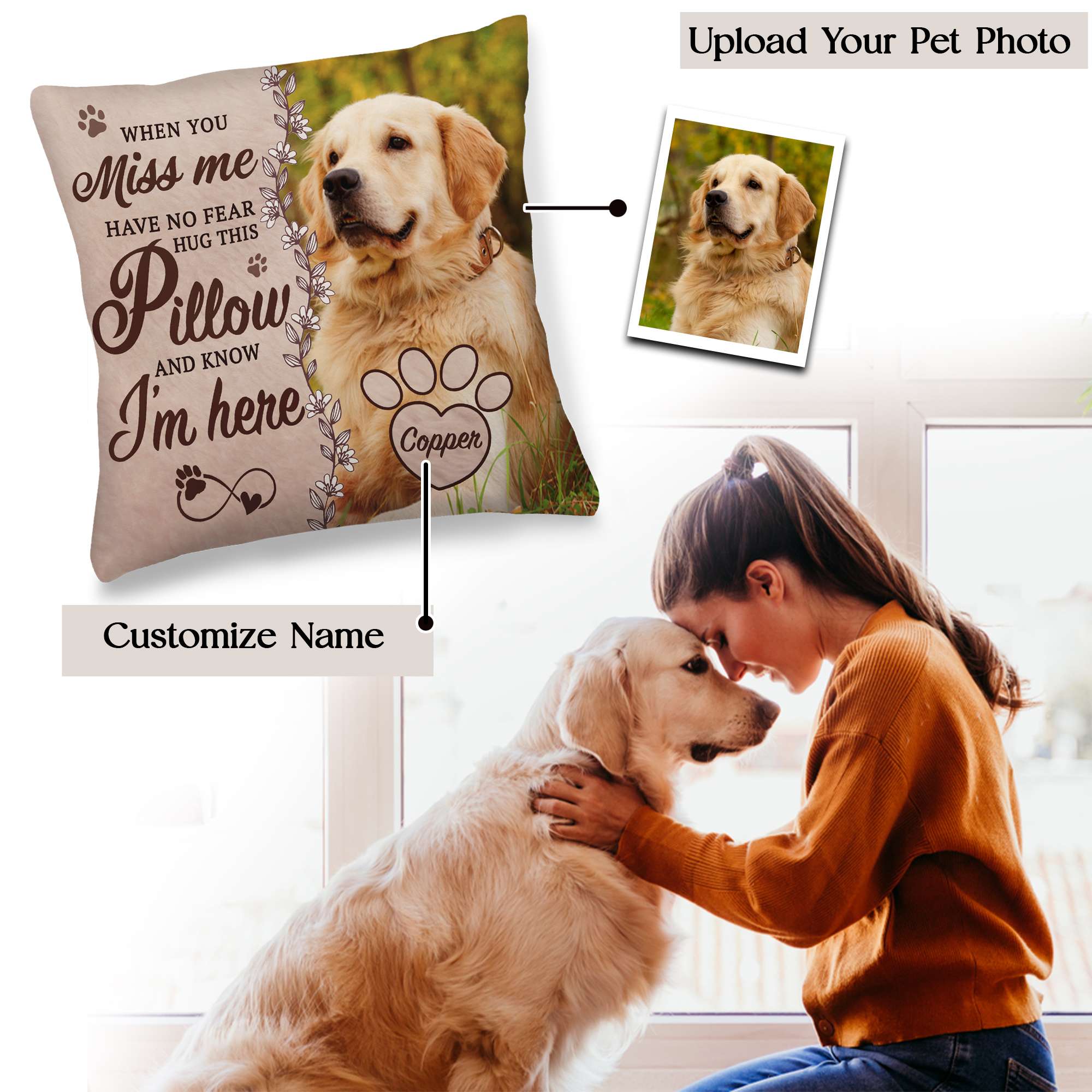 Personalized Pet Memorial Pillow with Photo, Dog Memorial Gifts for Loss of Dogs Cats, Pet Photo Gifts for Dog Lovers