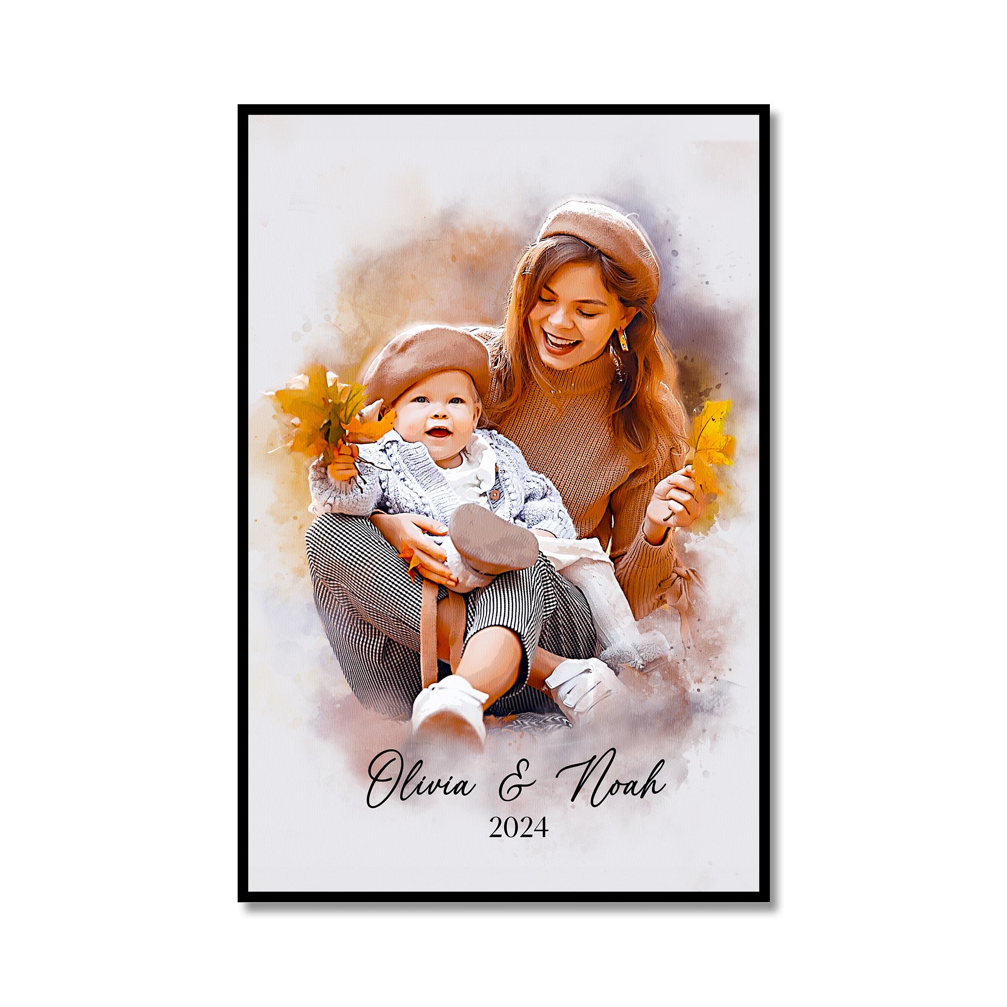 Custom Mom Portrait Poster Canvas Prints with Your Photos, Personalized Watercolor Grandma Picture Frame, Customized Family Portrait Pictures