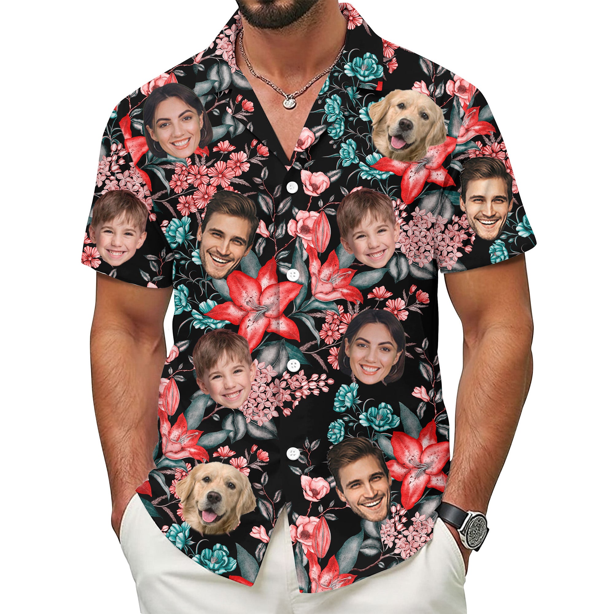Custom Face Shirt, Personalized Black Floral Hawaiian Shirt for Men, Funny Summer Gift