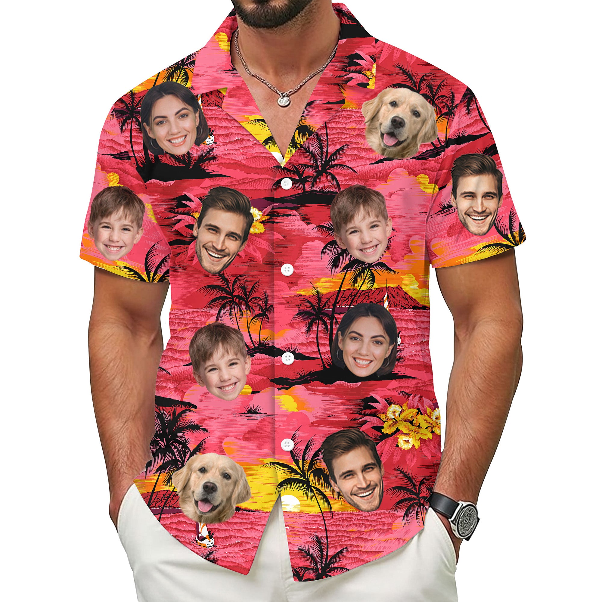 Custom Face Shirt, Personalized Sunset Hawaiian Shirt for Men, Tropical Beach Vacation Gift