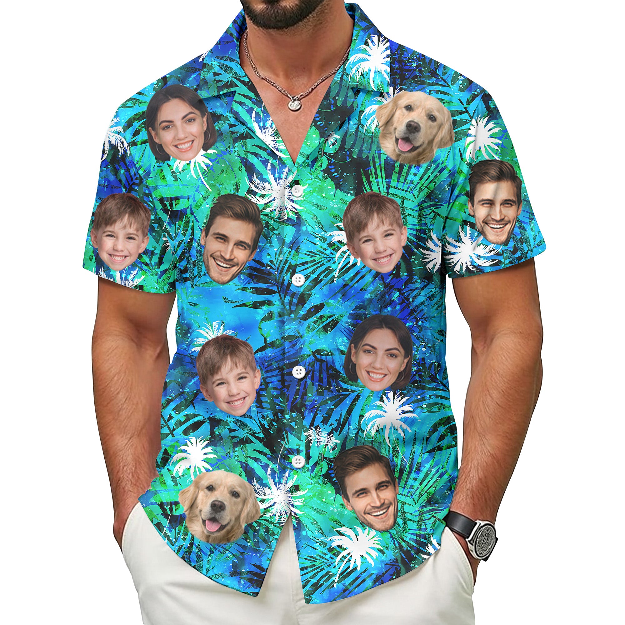 Custom Tropical Blue Hawaiian Shirt with Faces, Personalized Family Beach Vacation Shirt with Pet Photo