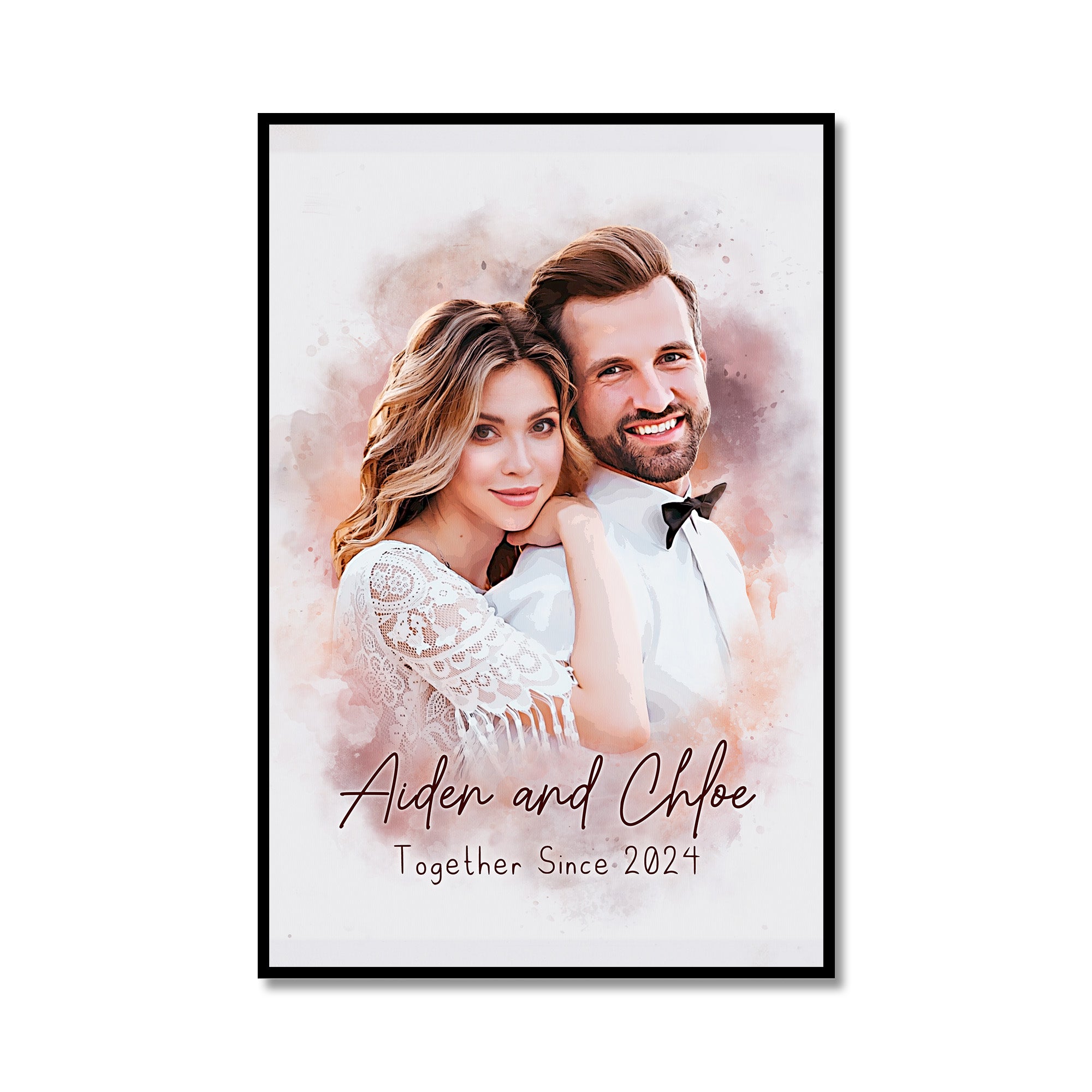 Custom Couple Portrait Print, Personalized Watercolor Wedding Photo Canvas, Romantic Anniversary Gift for Him & Her