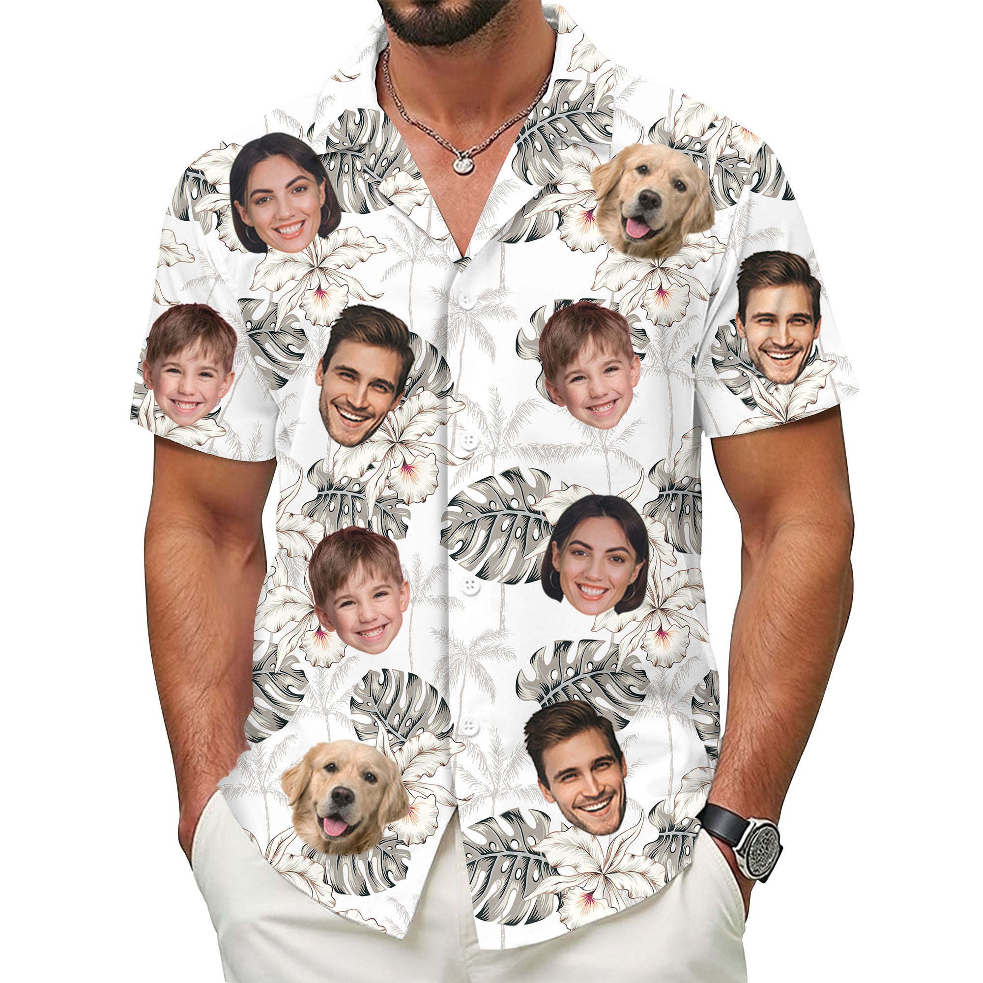 Custom Face Hawaiian Shirt, Personalized White Monstera Floral Shirt for Men, Funny Tropical Gift