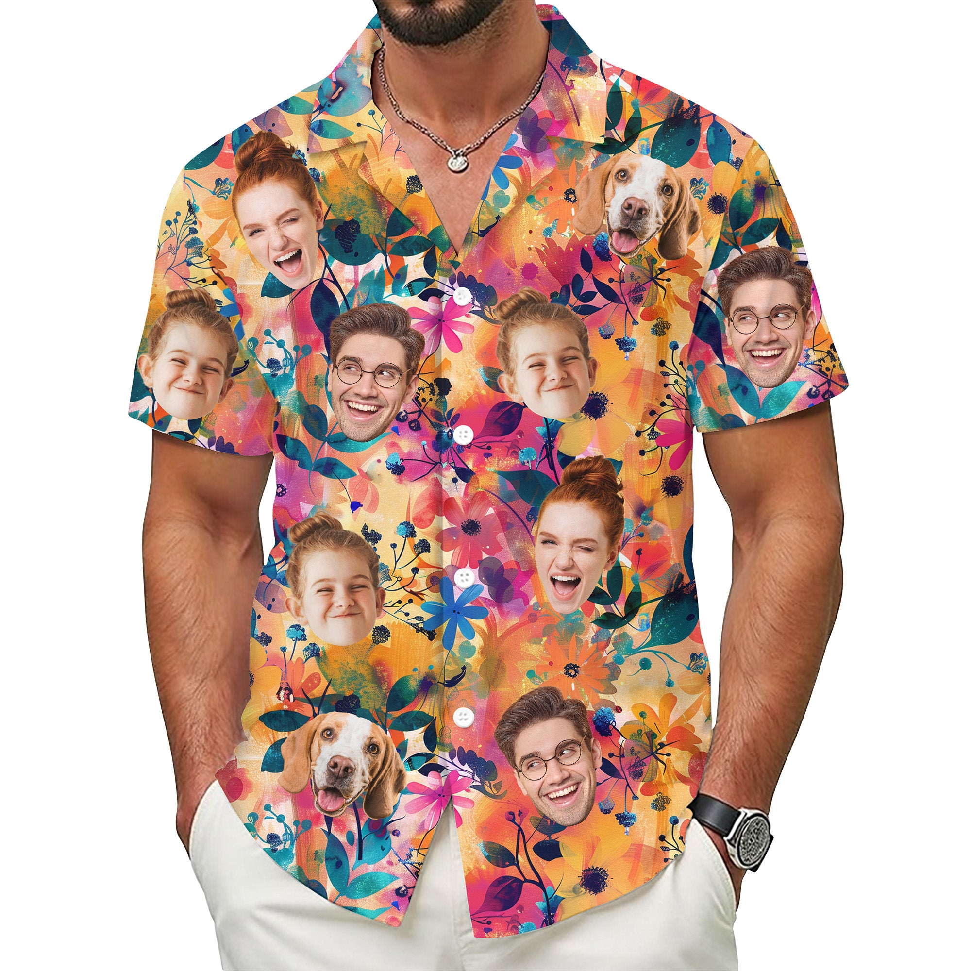 Custom Face Hawaiian Shirt, Personalized Tropical Floral Shirt with Family and Pet Faces, Funny Summer Vacation Gift for Men