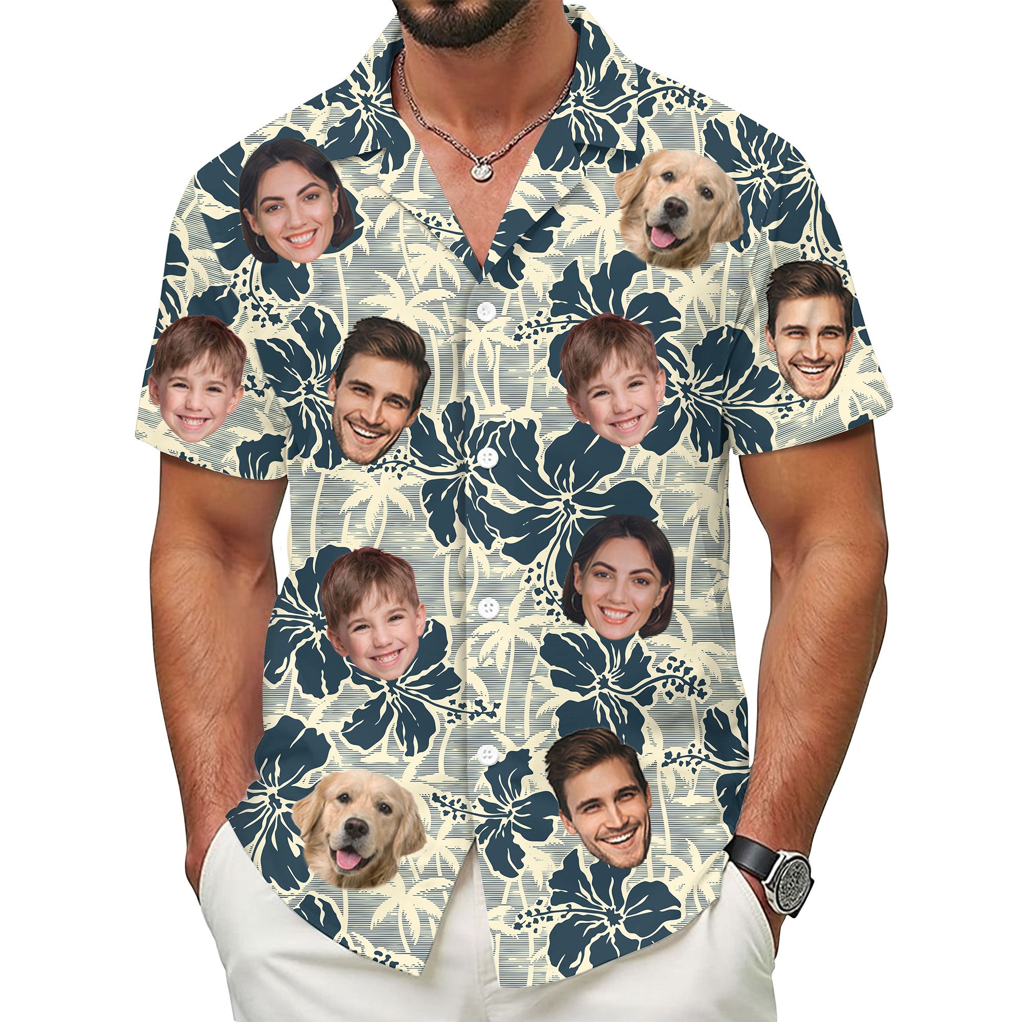 Custom Face Hawaiian Shirt, Personalized Photo Aloha Shirt with Family & Pet Faces, Tropical Floral Design