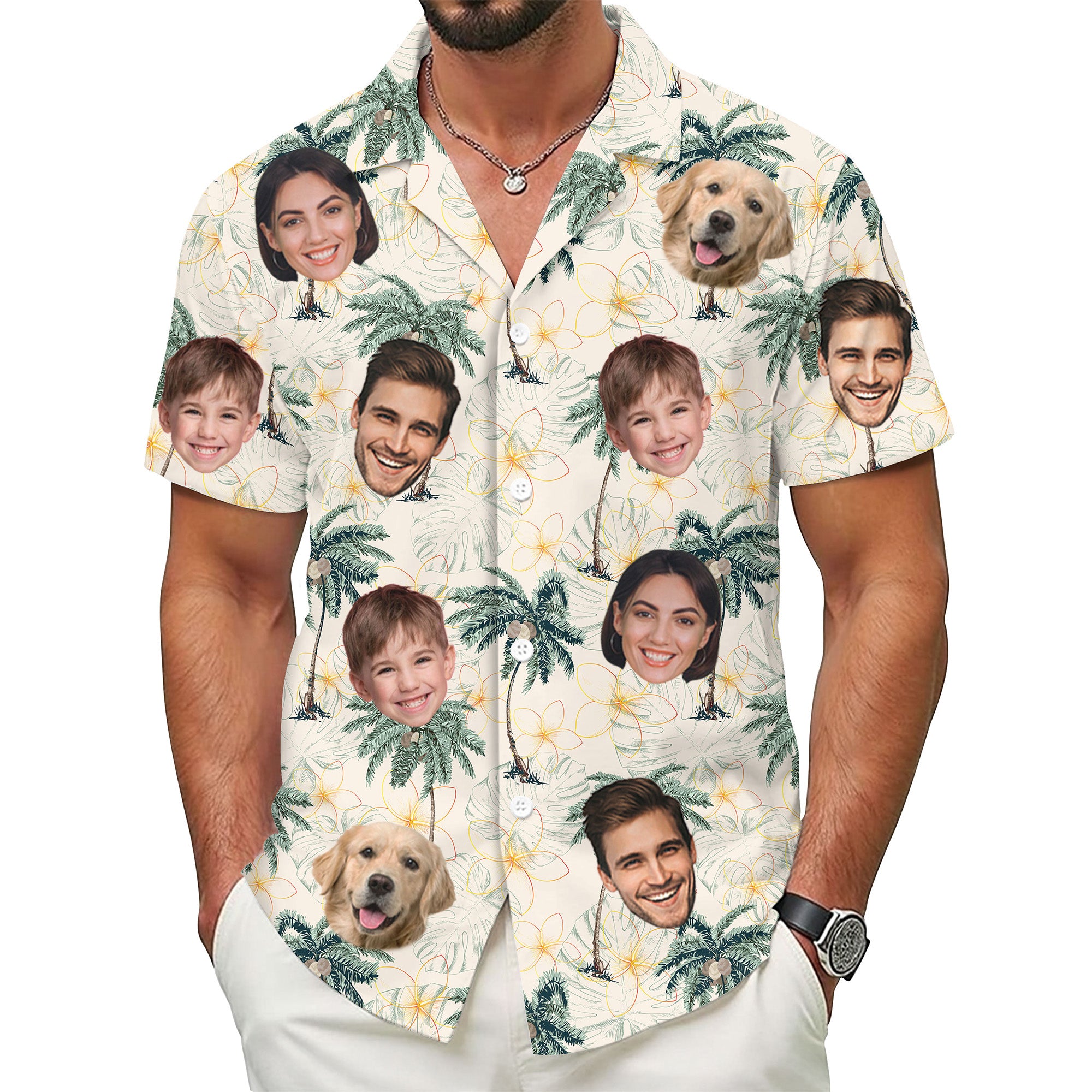 Custom Face Hawaiian Shirt for Men, Personalized Vacation Shirt with Family & Pet Faces, Palm Tree Summer Print