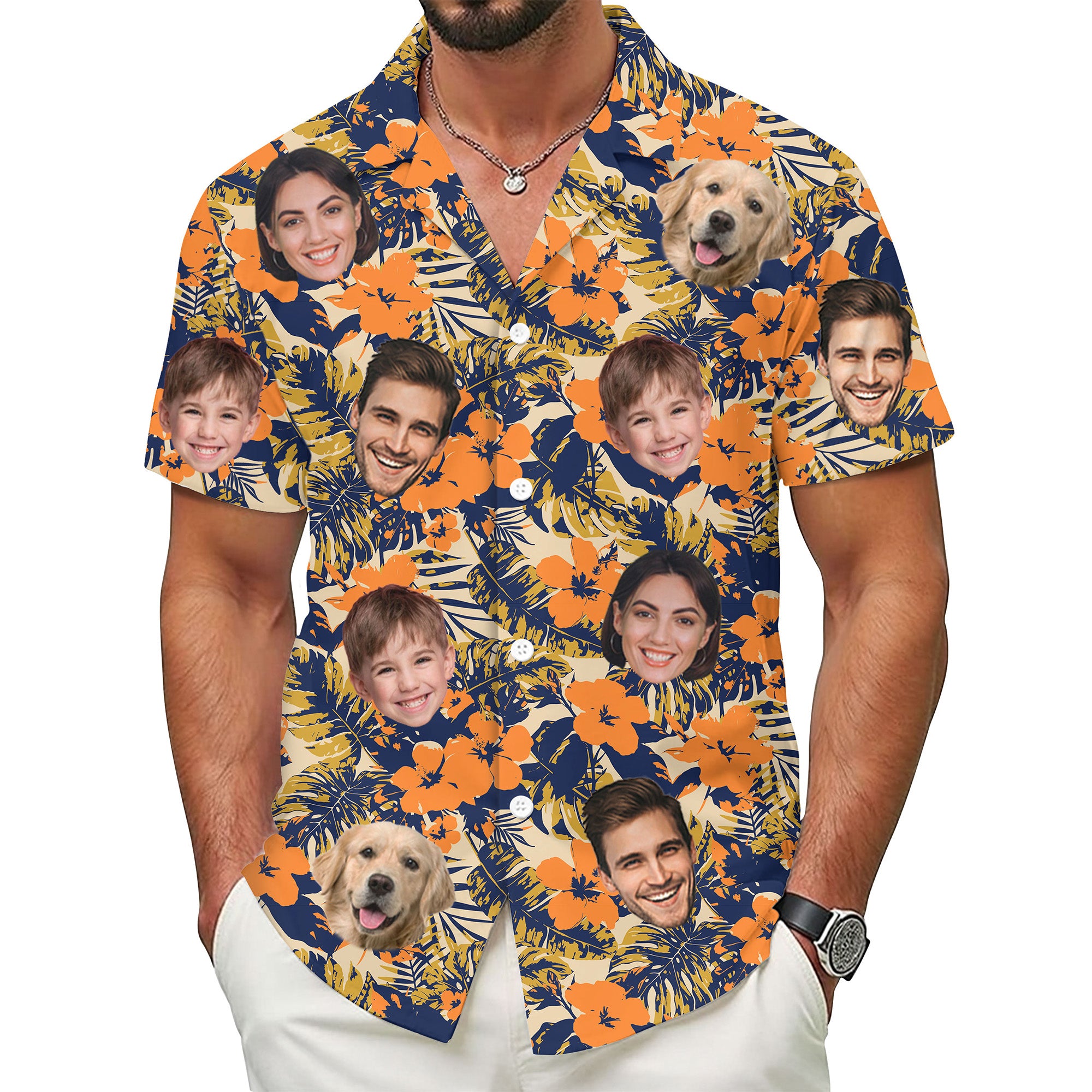 Custom Face Hawaiian Shirt, Personalized Orange Tropical Flower Shirt for Men, Funny Summer Vacation Gift
