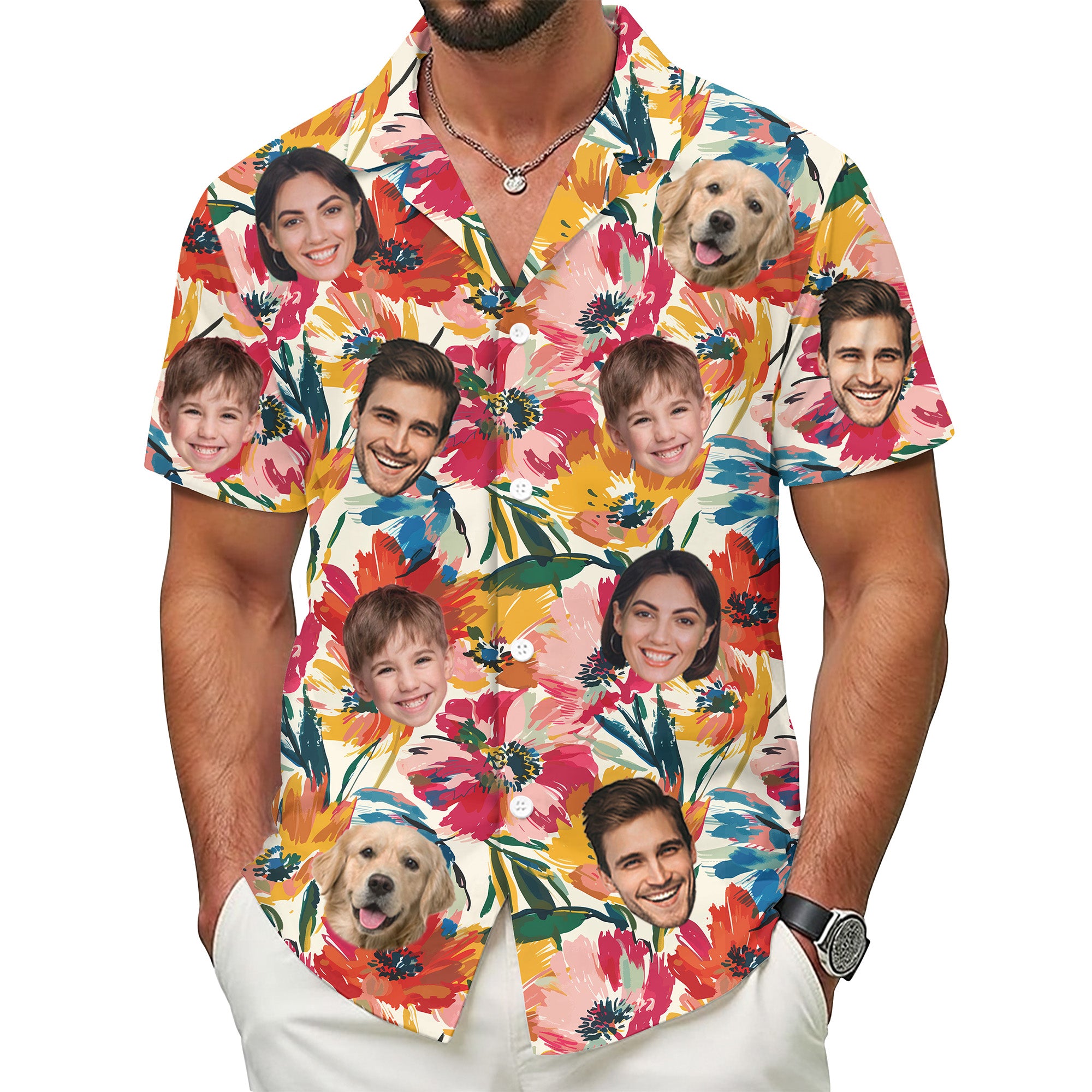 Custom Face Shirt, Personalized Colorful Floral Hawaiian Shirt for Men, Summer Vacation Gift