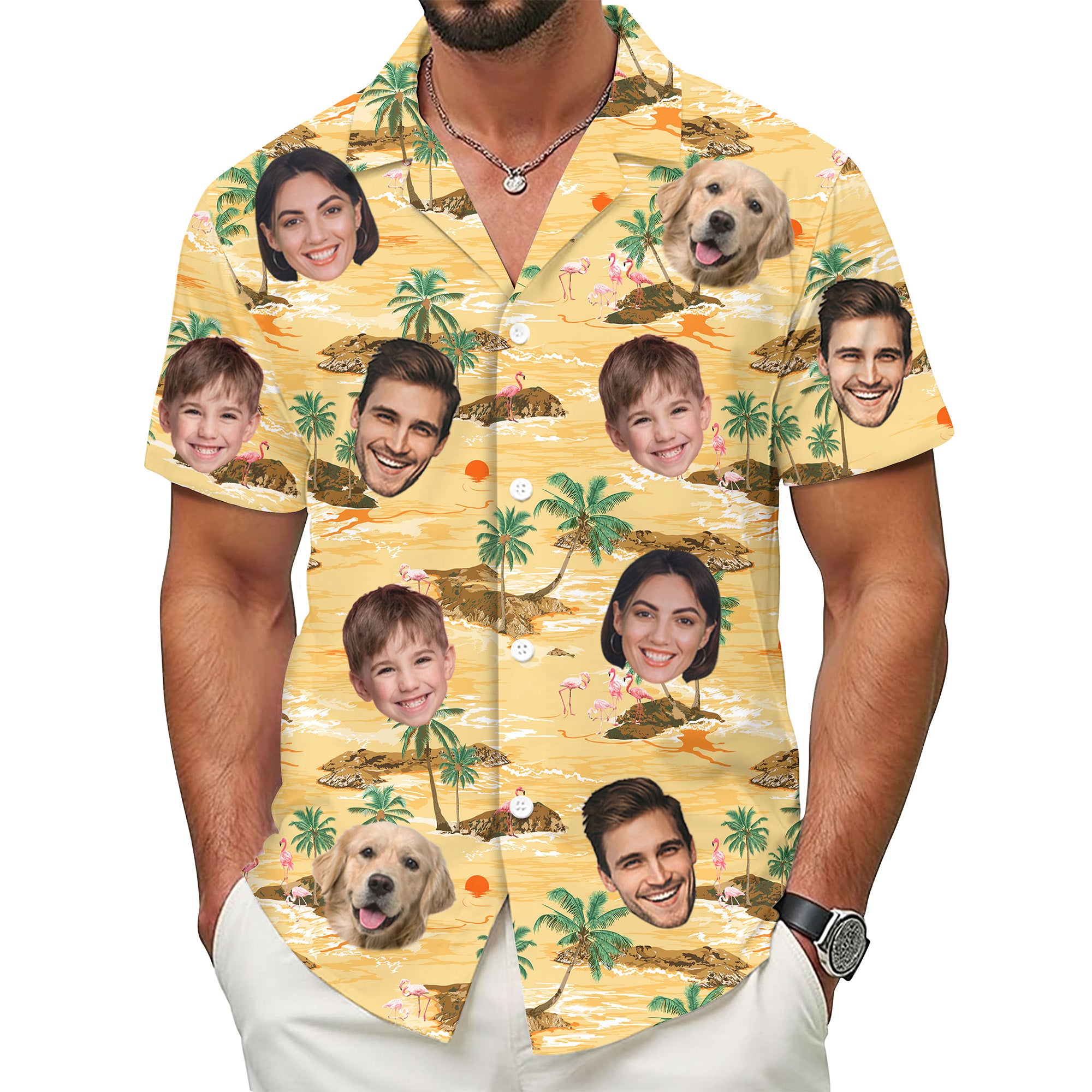 Custom Face Aloha Shirt for Men, Personalized Tropical Island Shirt with Family & Pet Faces, Beach Sunset Design