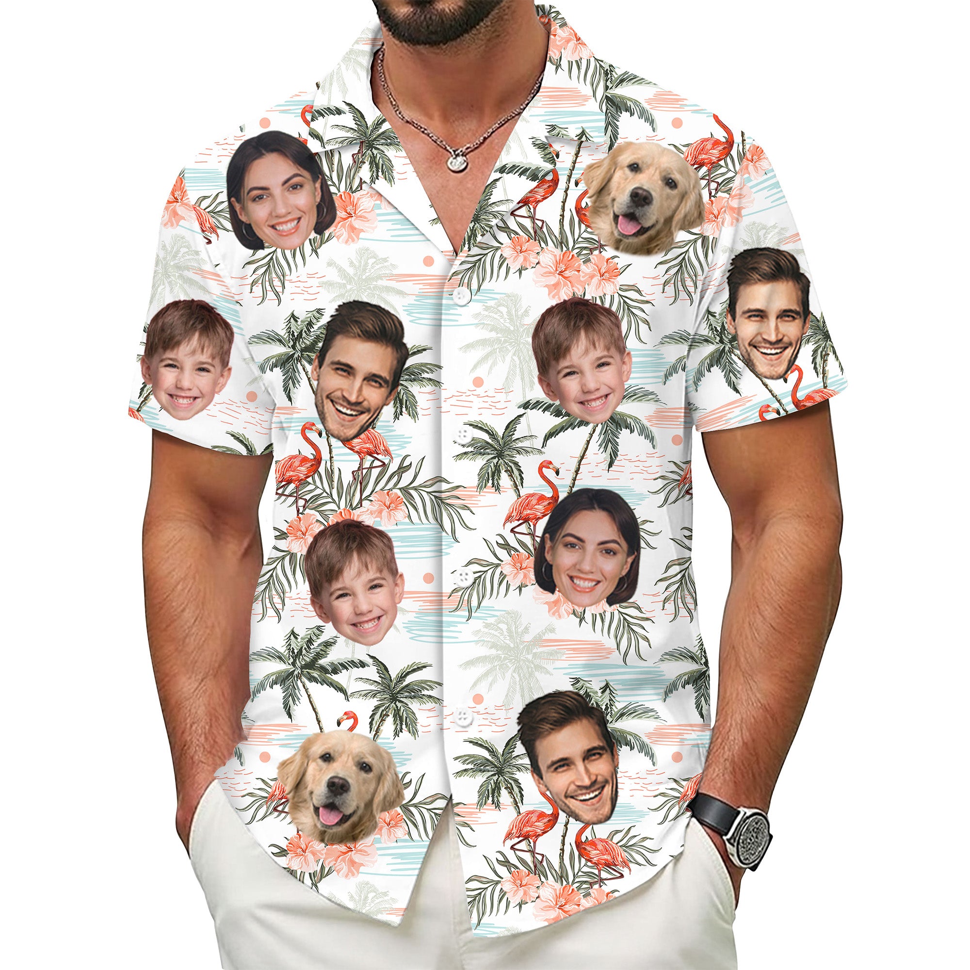 Custom Face Hawaiian Shirt, Personalized Flamingo & Palm Tree Aloha Beach Shirt, Family Vacation Gift