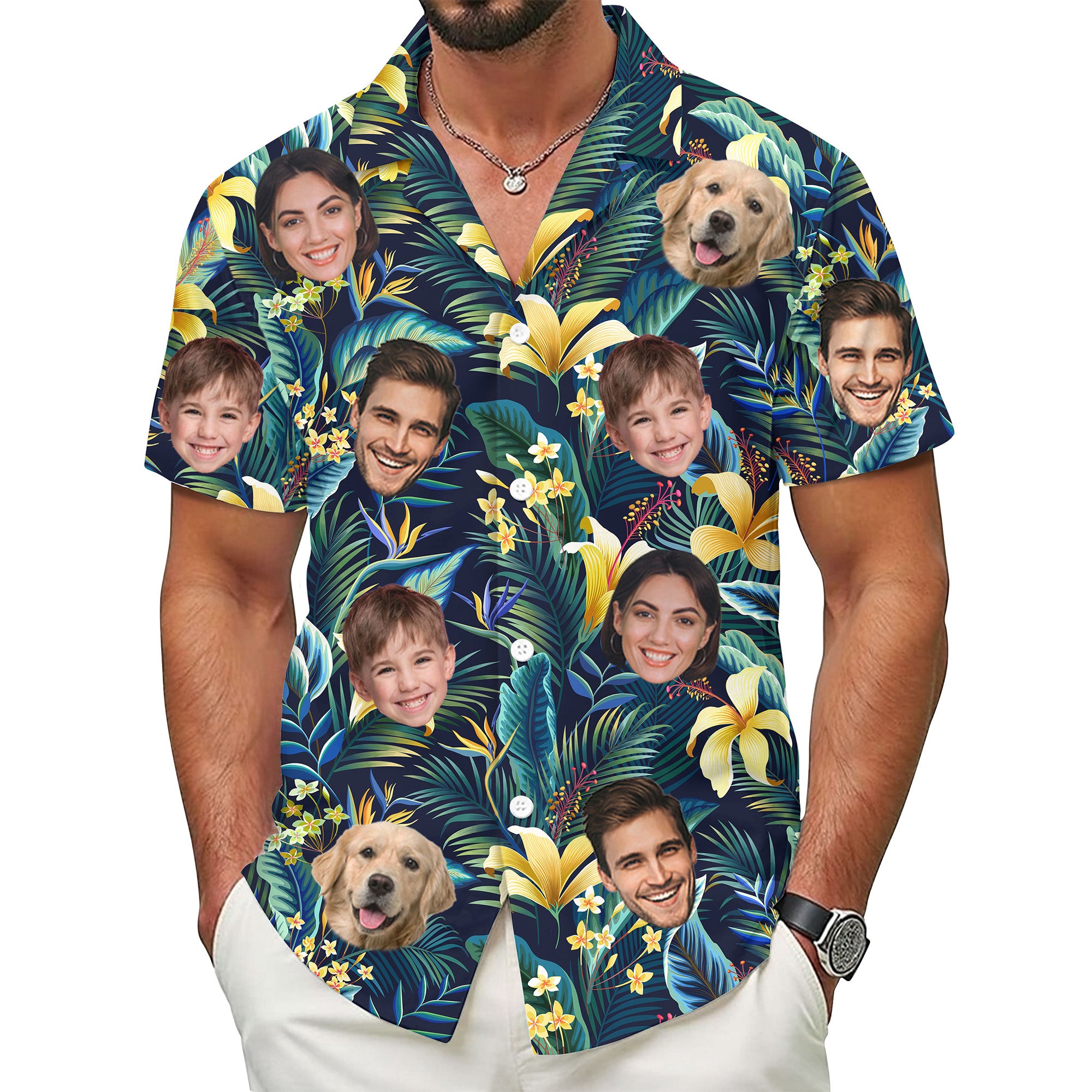 Custom Face Tropical Shirt, Personalized Yellow Lily & Jungle Leaves Hawaiian Shirt, Summer Vacation Gift