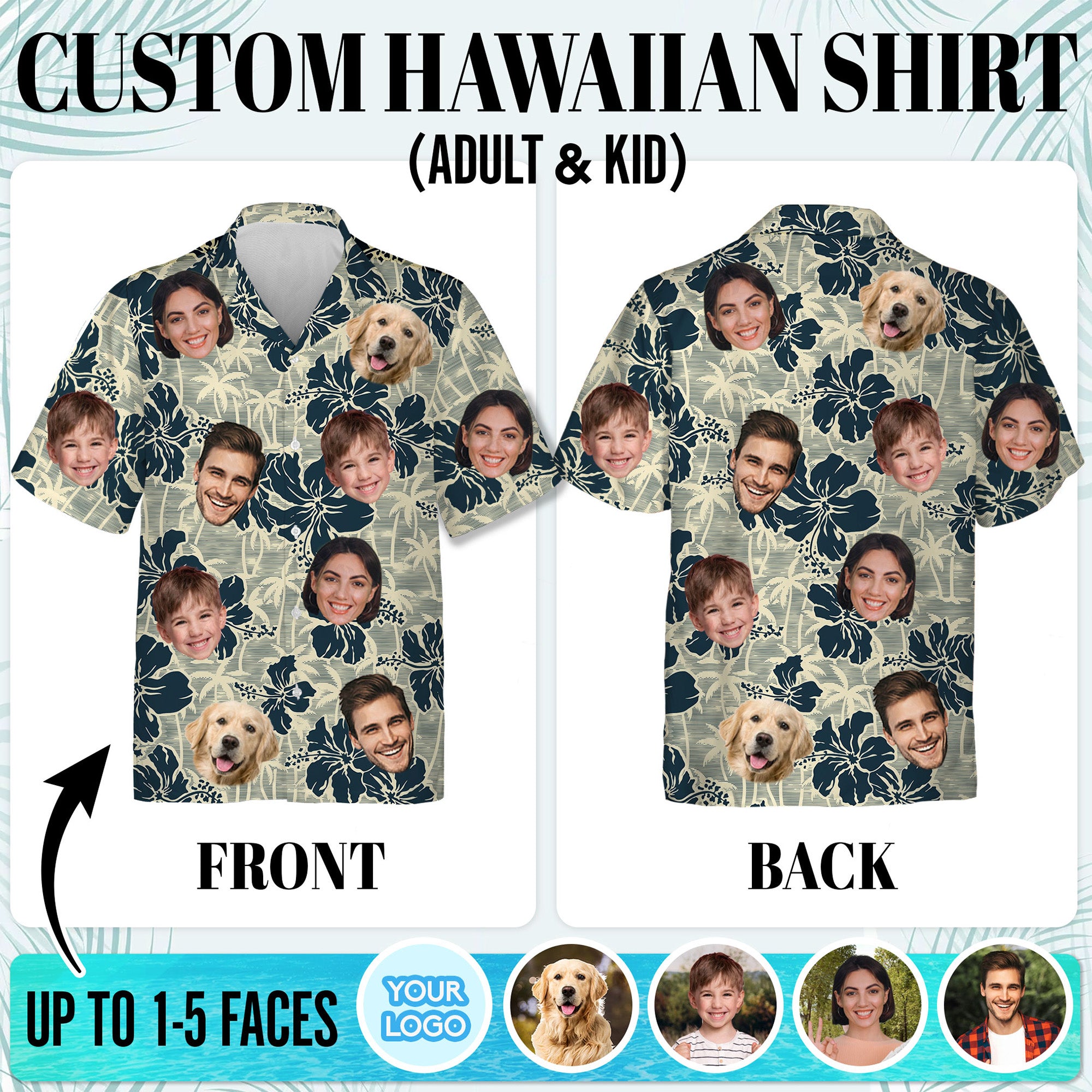 Custom Face Hawaiian Shirt, Personalized Photo Aloha Shirt with Family & Pet Faces, Tropical Floral Design