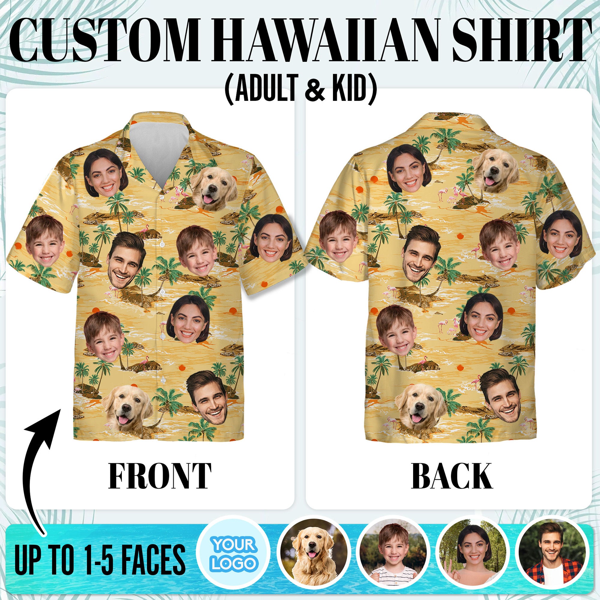 Custom Face Aloha Shirt for Men, Personalized Tropical Island Shirt with Family & Pet Faces, Beach Sunset Design