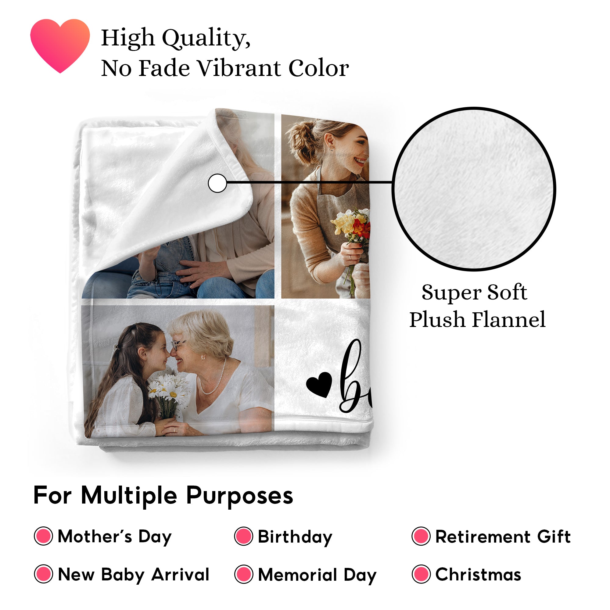 Custom Photo Collage Blanket, Best Grandma Ever Personalized Gift with Baby & Family Pictures, Mother’s Day Gift for New Moms