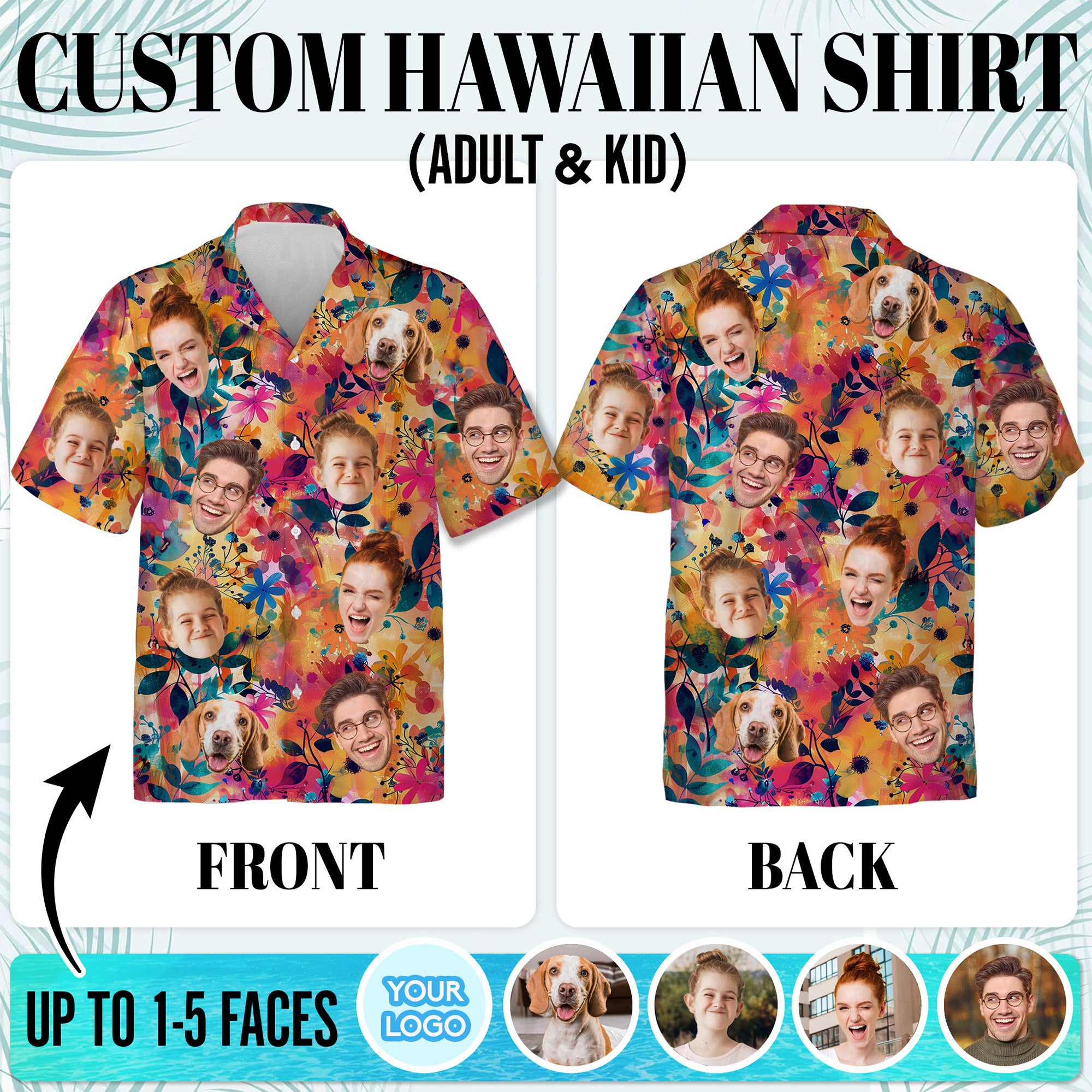 Custom Face Hawaiian Shirt, Personalized Tropical Floral Shirt with Family and Pet Faces, Funny Summer Vacation Gift for Men