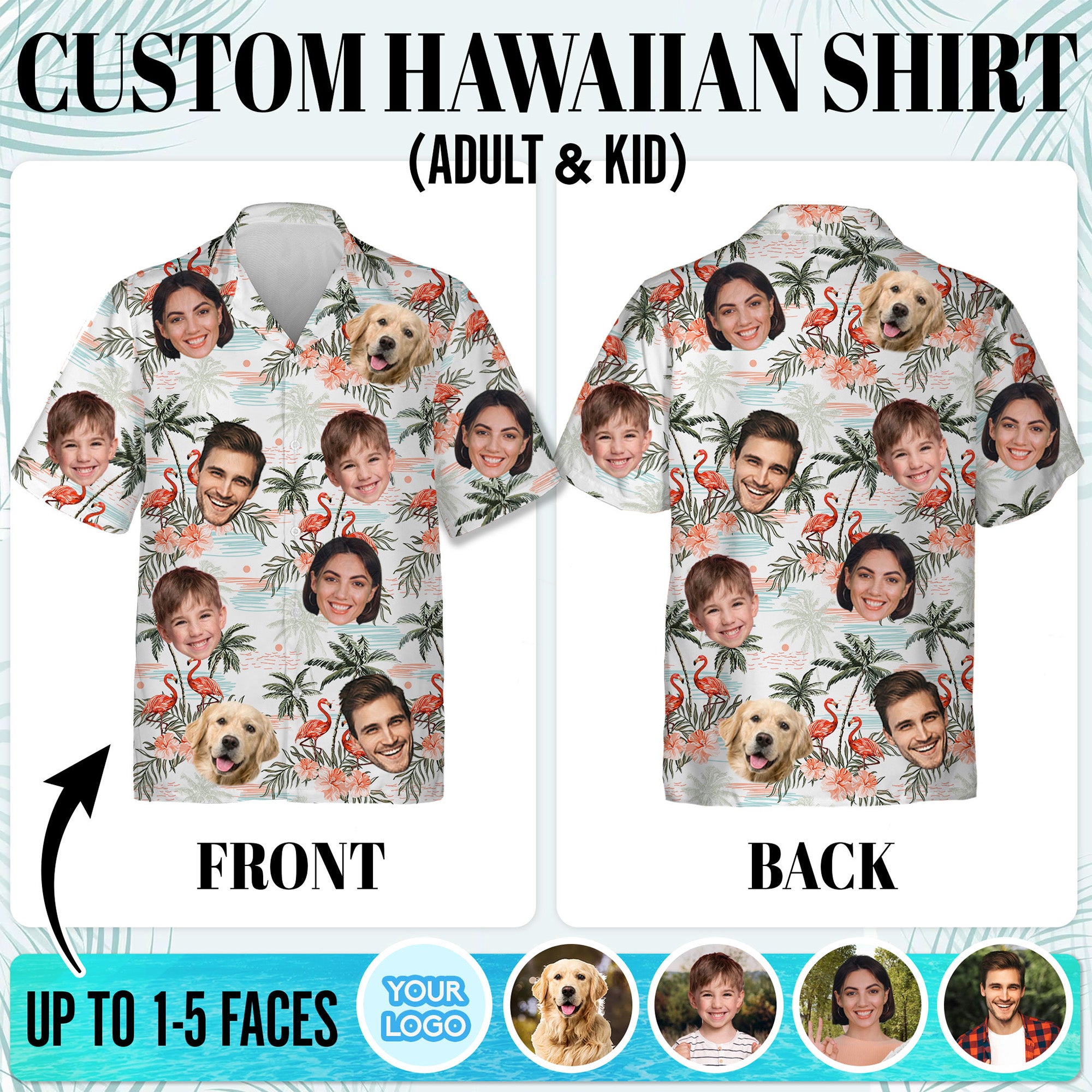 Custom Face Hawaiian Shirt, Personalized Flamingo & Palm Tree Aloha Beach Shirt, Family Vacation Gift
