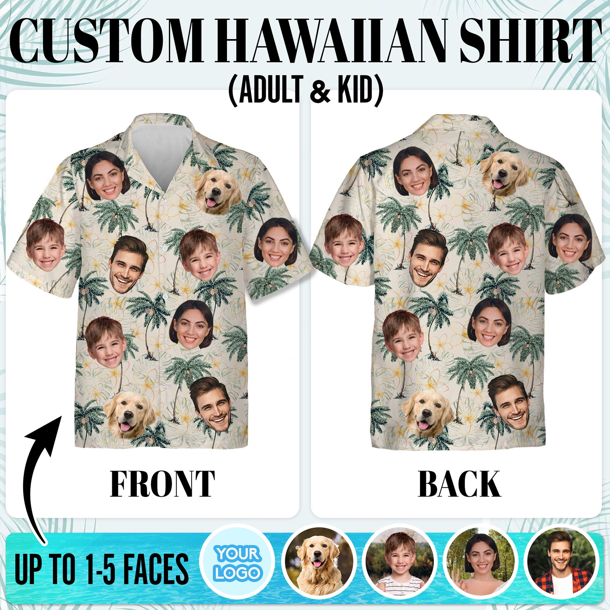 Custom Face Hawaiian Shirt for Men, Personalized Vacation Shirt with Family & Pet Faces, Palm Tree Summer Print