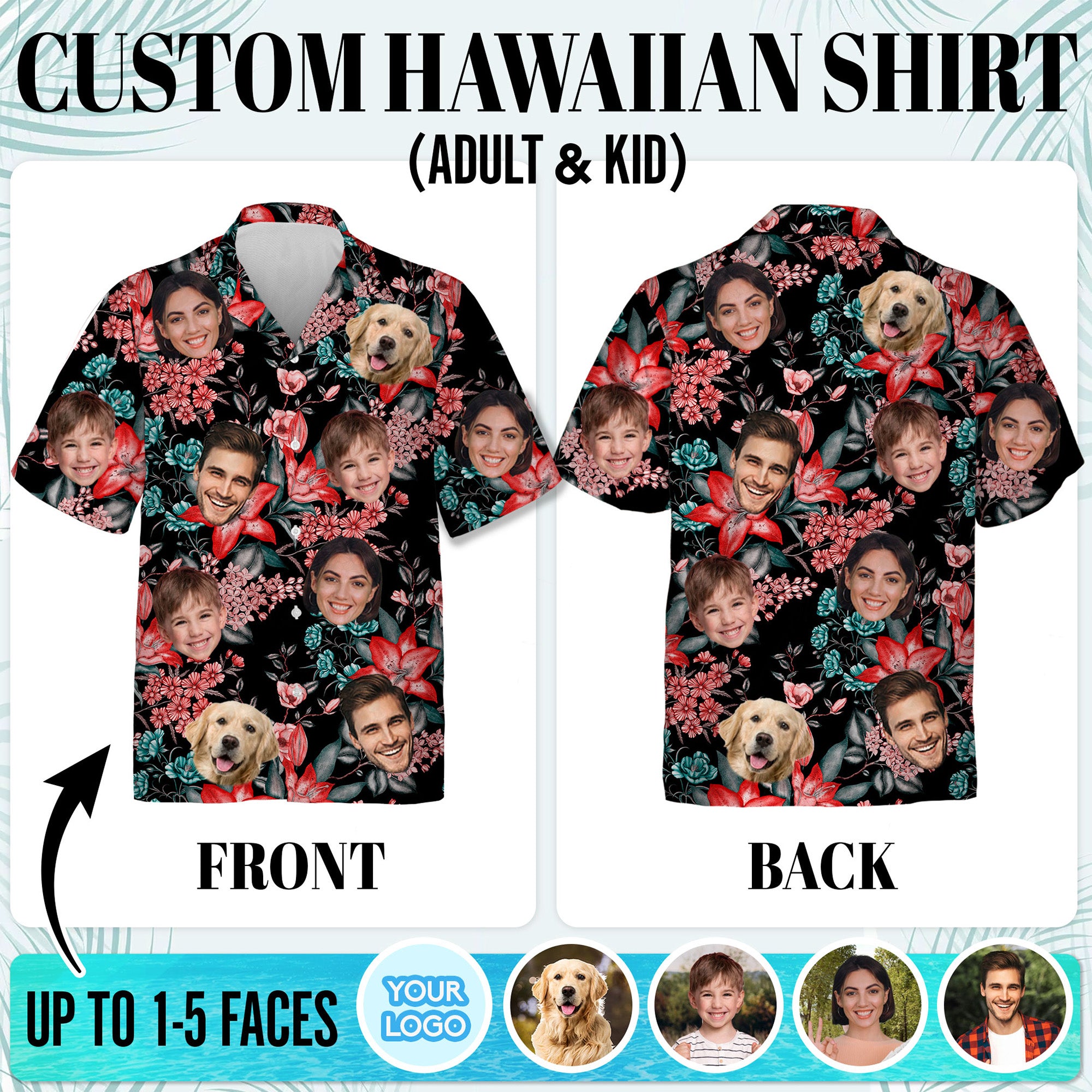 Custom Face Shirt, Personalized Black Floral Hawaiian Shirt for Men, Funny Summer Gift