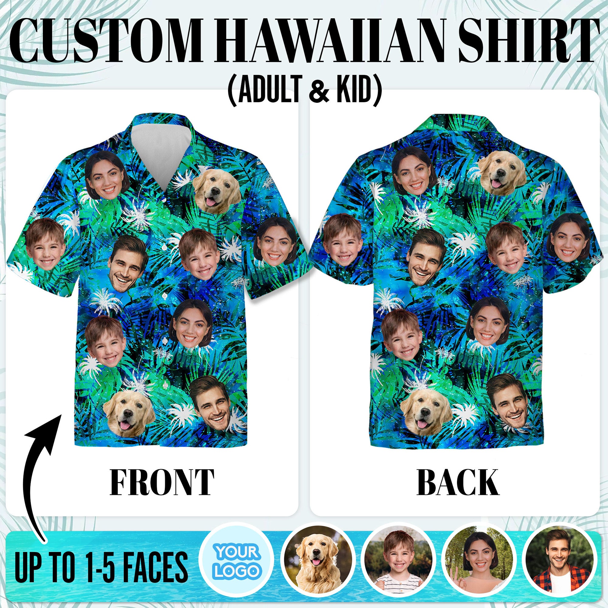 Custom Tropical Blue Hawaiian Shirt with Faces, Personalized Family Beach Vacation Shirt with Pet Photo