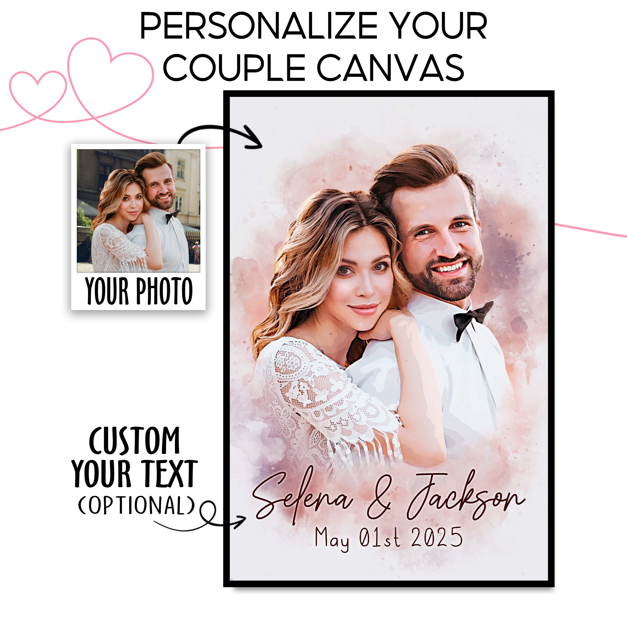 Custom Couple Portrait Print, Personalized Watercolor Wedding Photo Canvas, Romantic Anniversary Gift for Him & Her