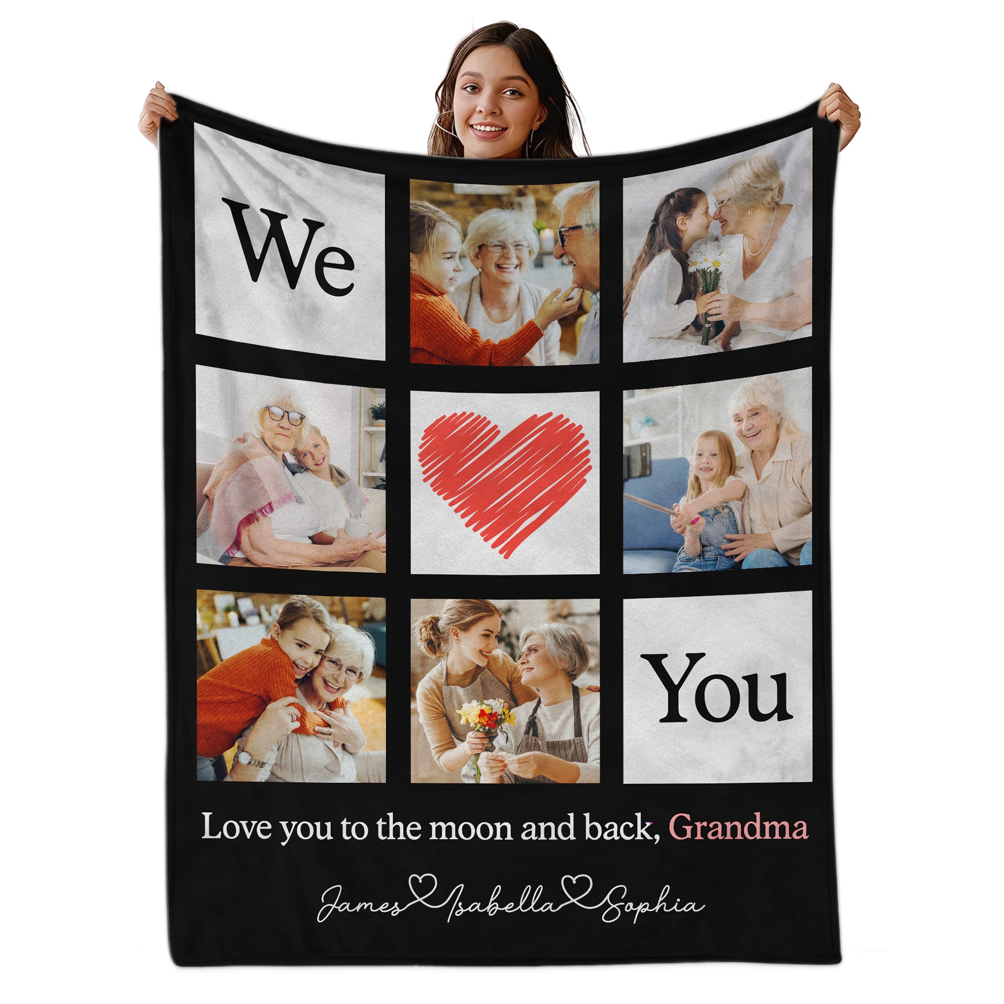 Custom Photo Collage Blanket, Personalized Grandma Blanket with Kids' Names and Pictures, Floral Mother's Day Gift for Mom or Grandma