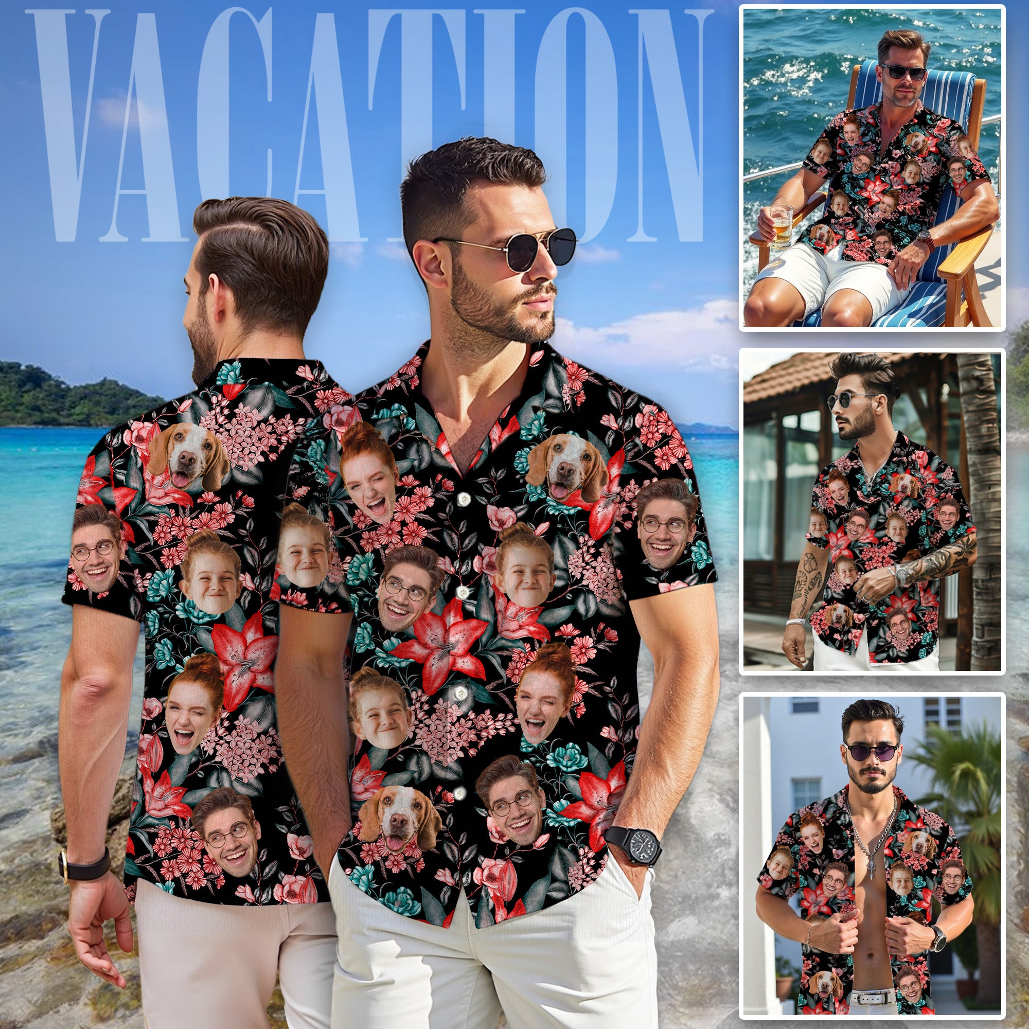 Custom Face Shirt, Personalized Black Floral Hawaiian Shirt for Men, Funny Summer Gift