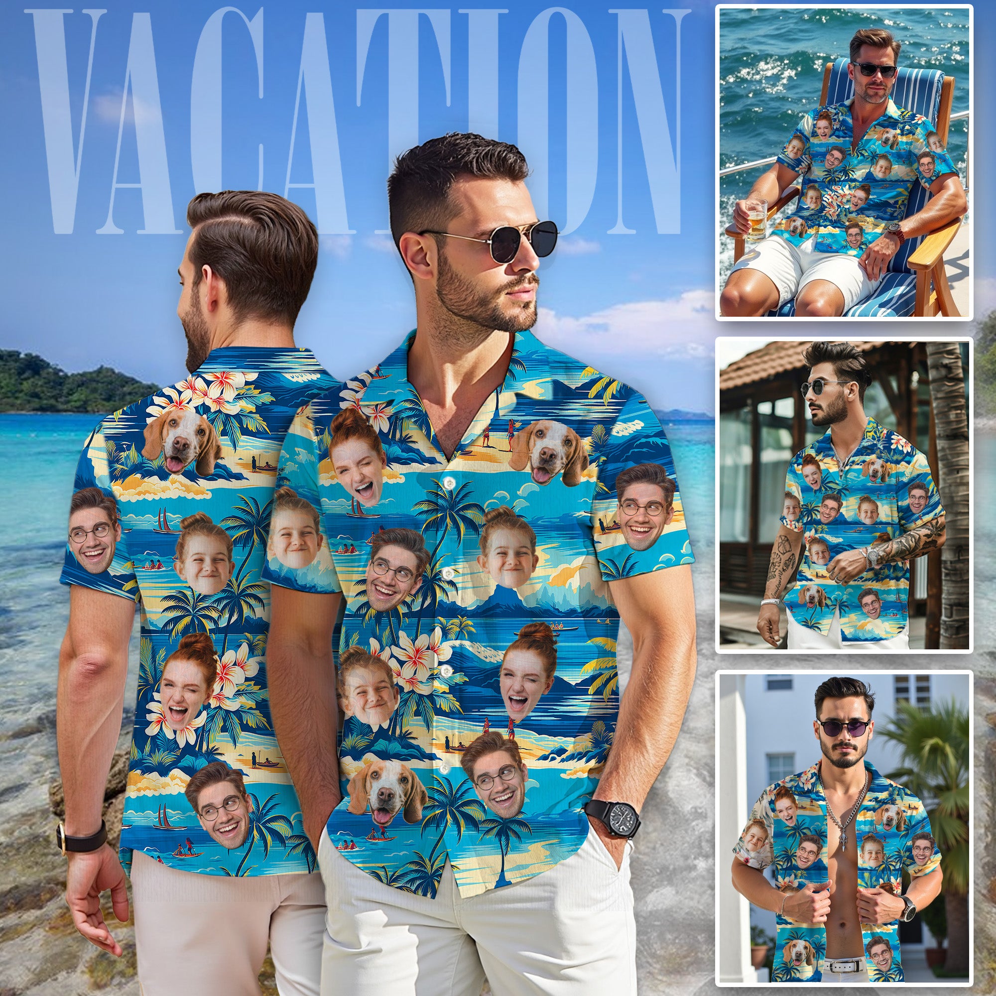Custom Face Hawaiian Shirt, Personalized Blue Tropical Beach Shirt for Men, Funny Vacation Gift