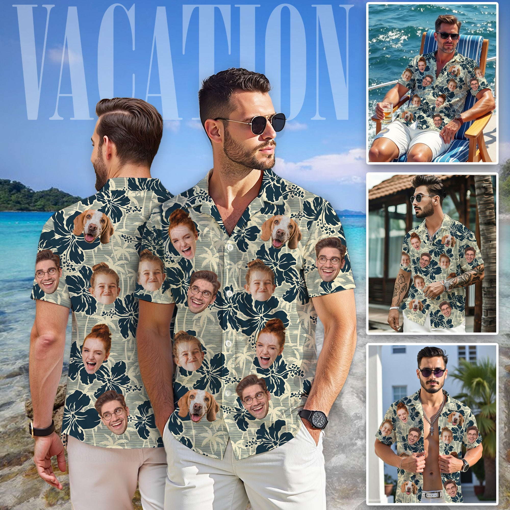 Custom Face Hawaiian Shirt, Personalized Photo Aloha Shirt with Family & Pet Faces, Tropical Floral Design