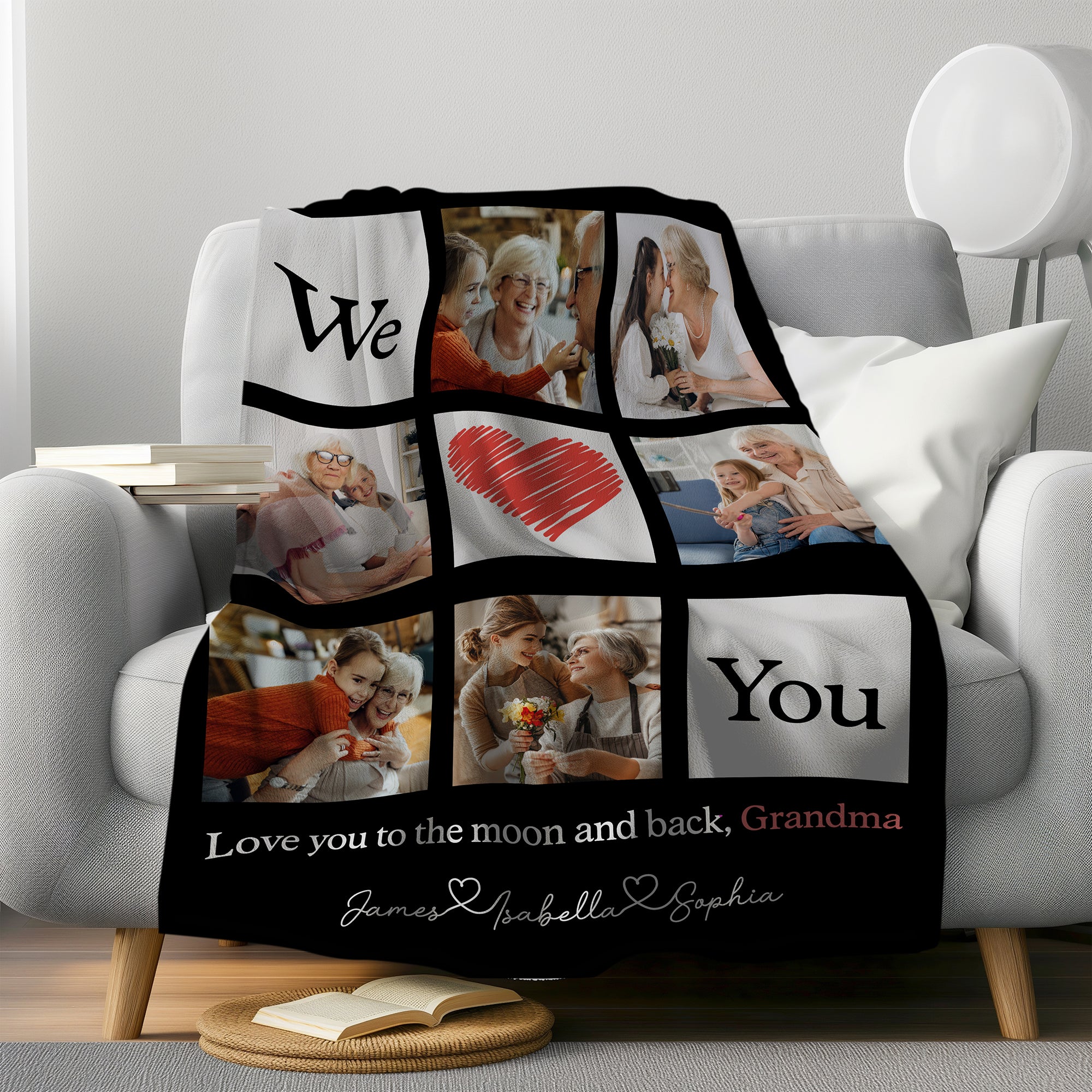 Custom Photo Collage Blanket, Personalized Grandma Blanket with Kids' Names and Pictures, Floral Mother's Day Gift for Mom or Grandma