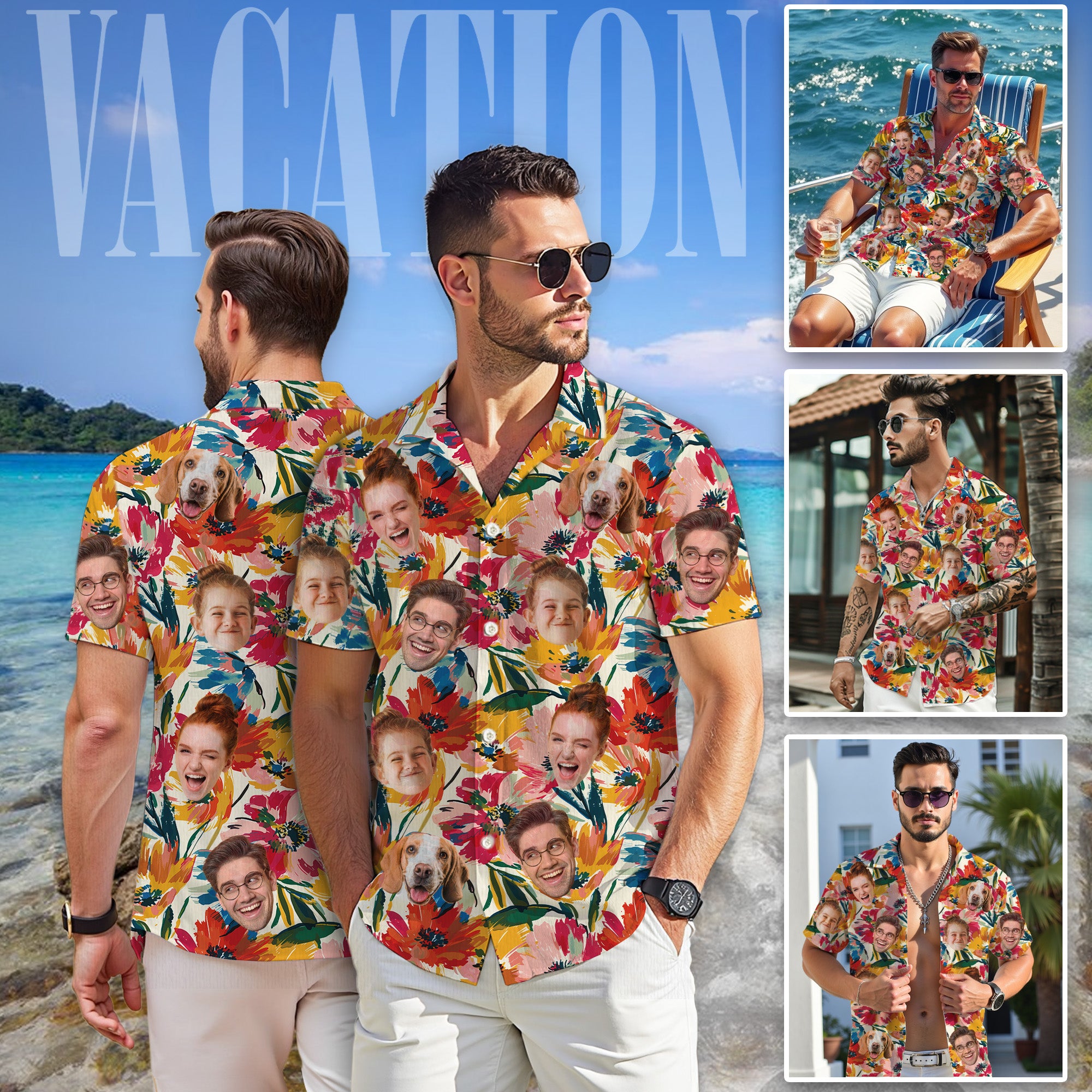 Custom Face Shirt, Personalized Colorful Floral Hawaiian Shirt for Men, Summer Vacation Gift
