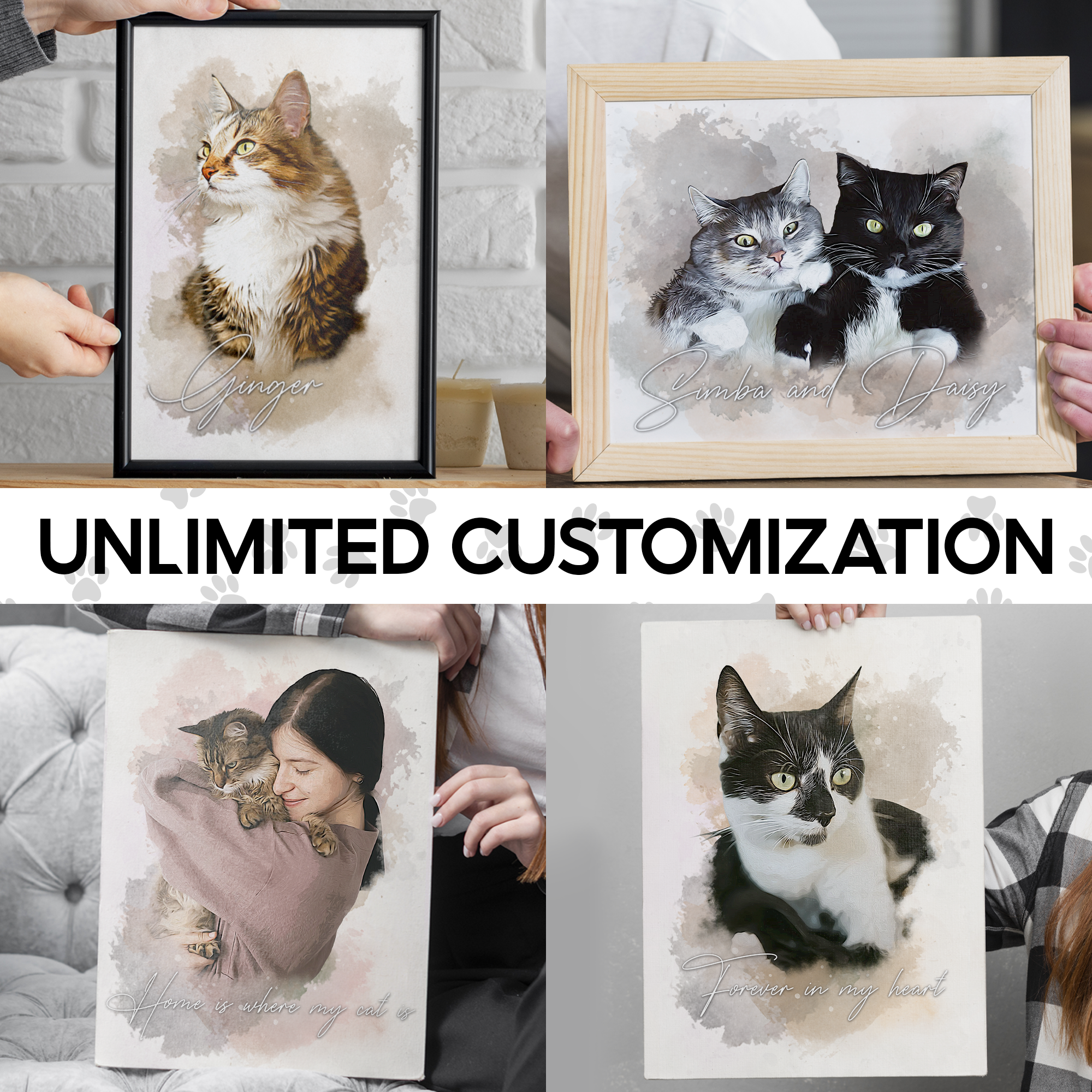 Custom Cat Portrait Canvas, Personalized Watercolor Pet Memorial Wall Art, Gift for Cat Lovers