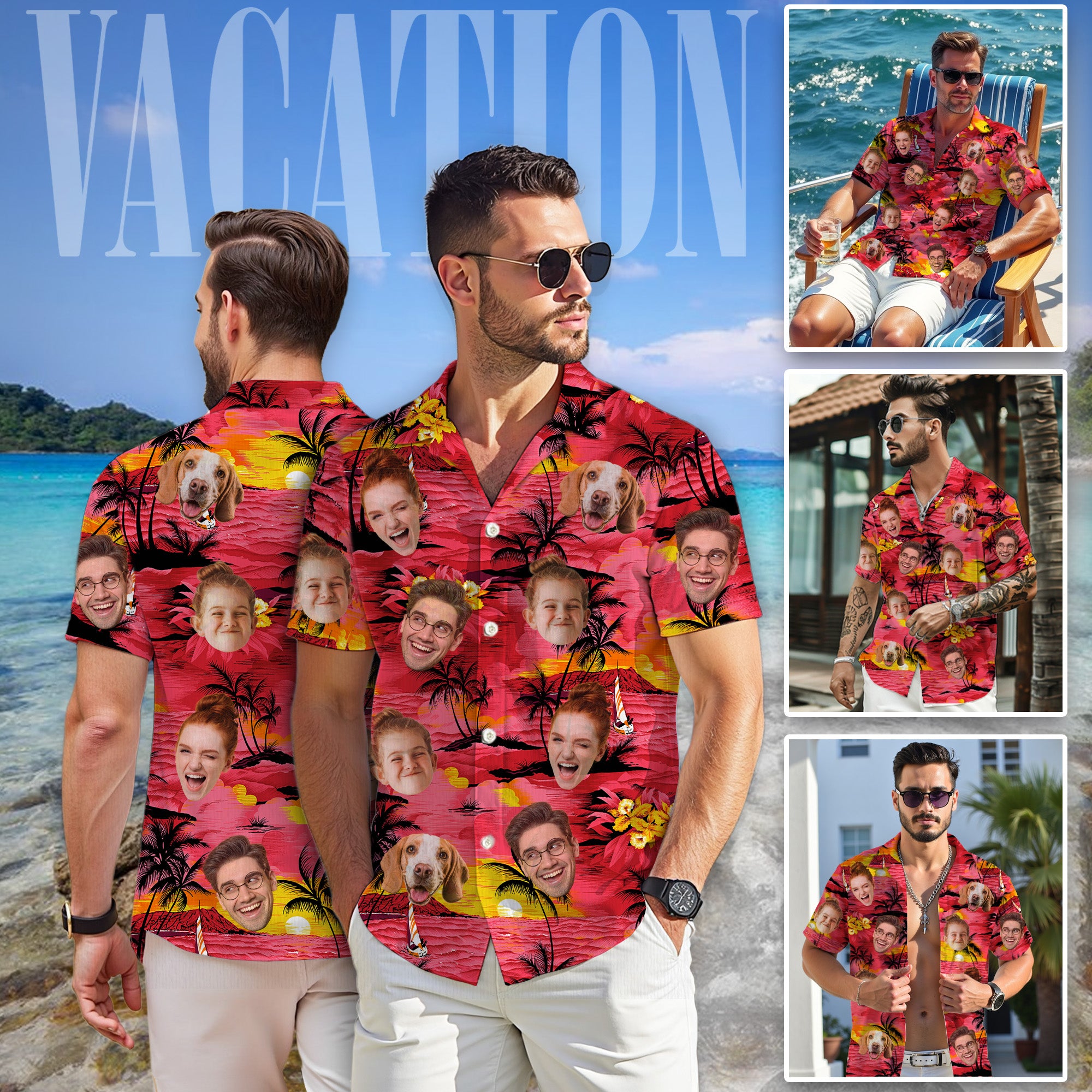 Custom Face Shirt, Personalized Sunset Hawaiian Shirt for Men, Tropical Beach Vacation Gift
