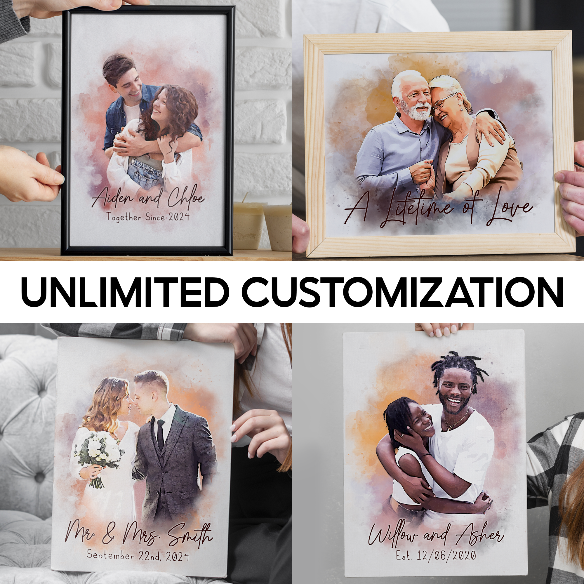 Custom Couple Portrait Canvas, Personalized Watercolor Anniversary Gift, Together Since 2024 Print