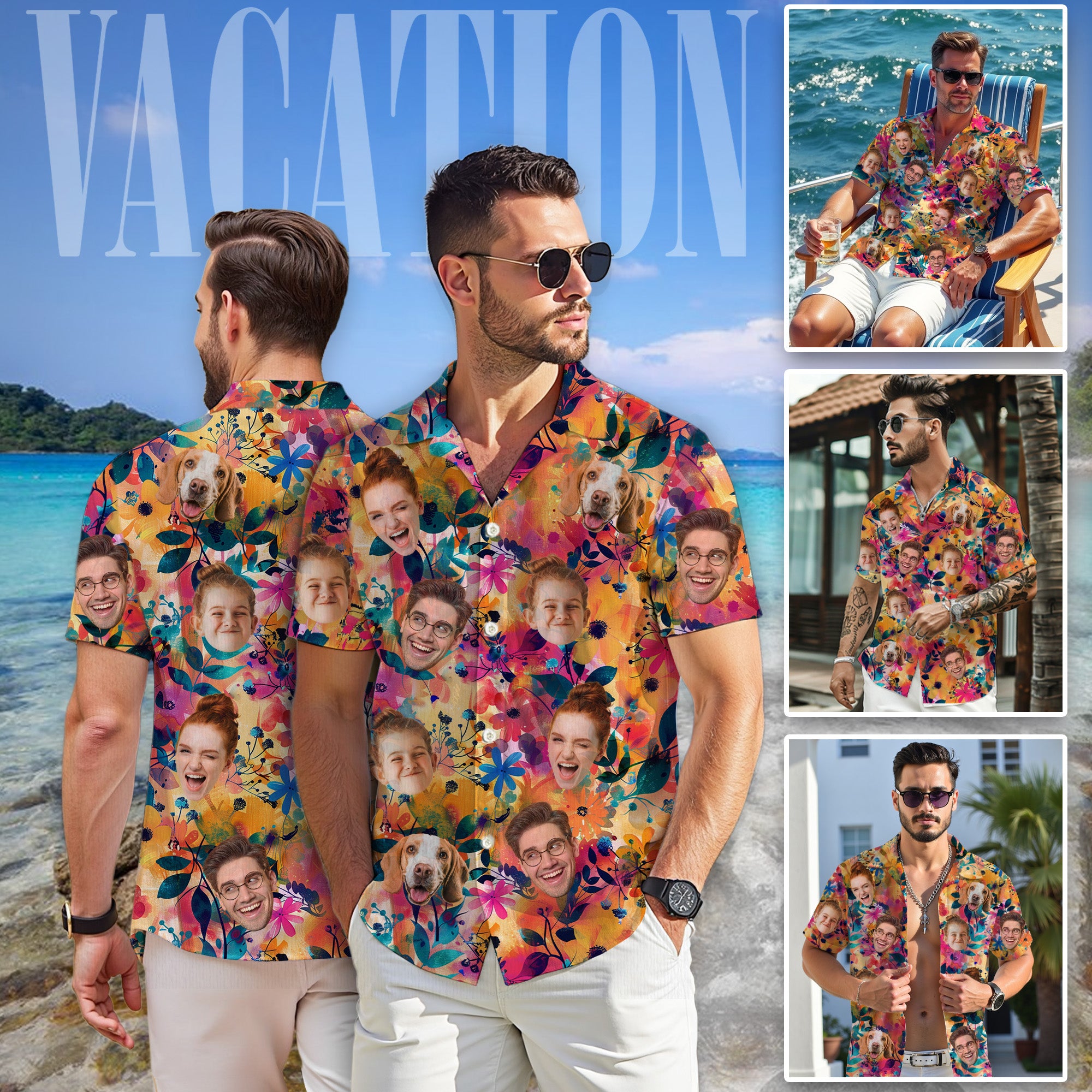 Custom Face Hawaiian Shirt, Personalized Tropical Floral Shirt with Family and Pet Faces, Funny Summer Vacation Gift for Men