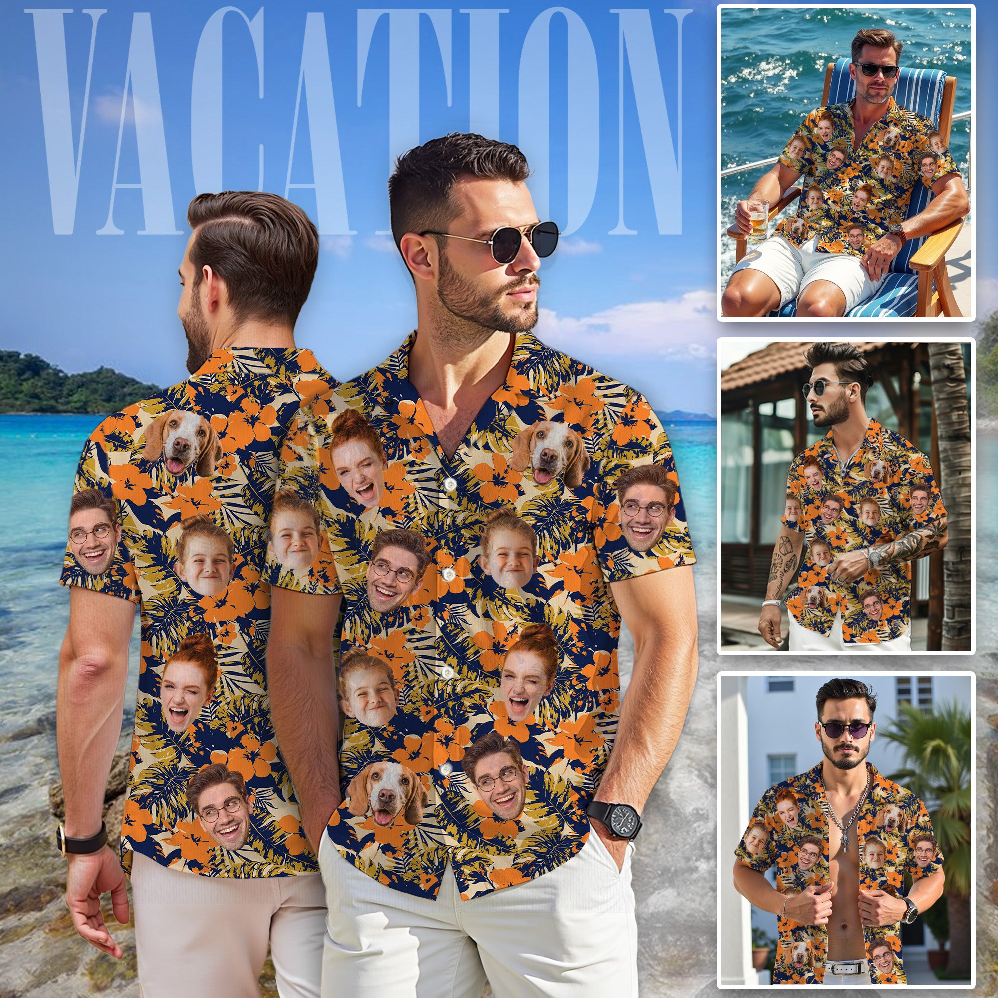 Custom Face Hawaiian Shirt, Personalized Orange Tropical Flower Shirt for Men, Funny Summer Vacation Gift