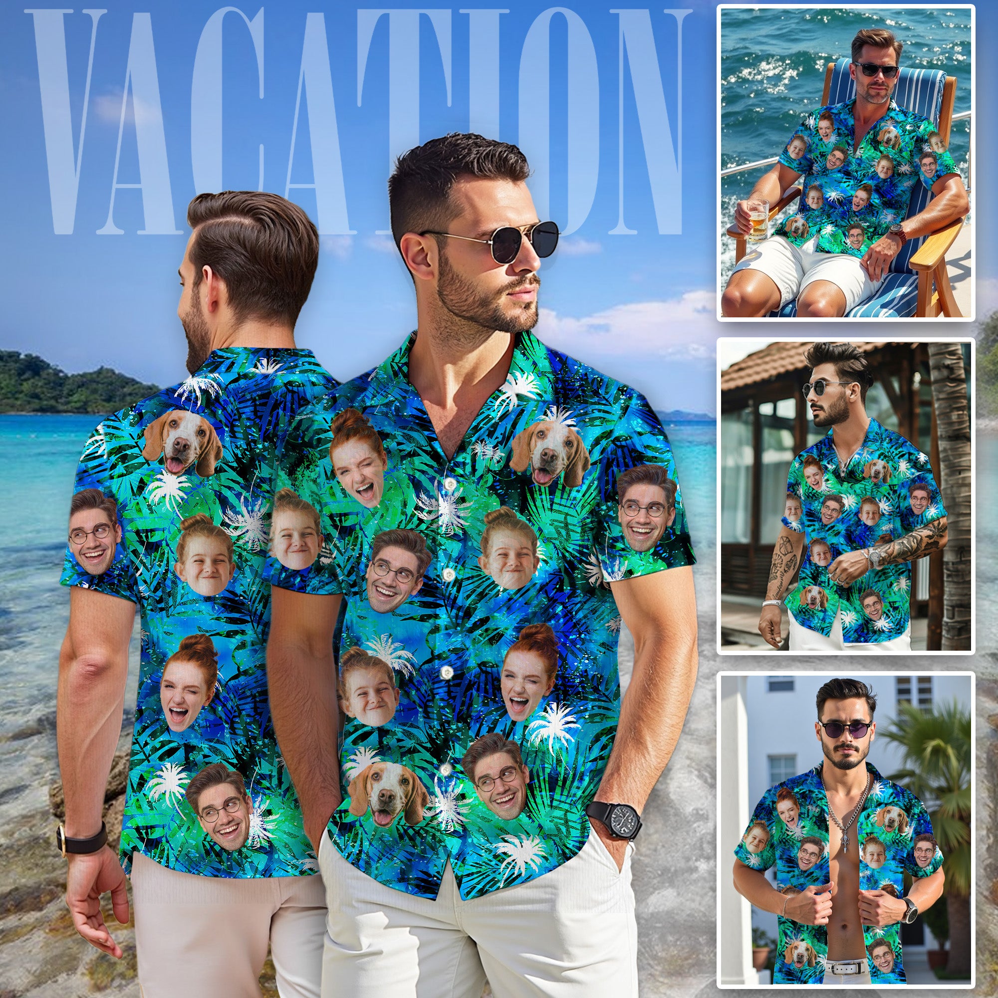 Custom Tropical Blue Hawaiian Shirt with Faces, Personalized Family Beach Vacation Shirt with Pet Photo