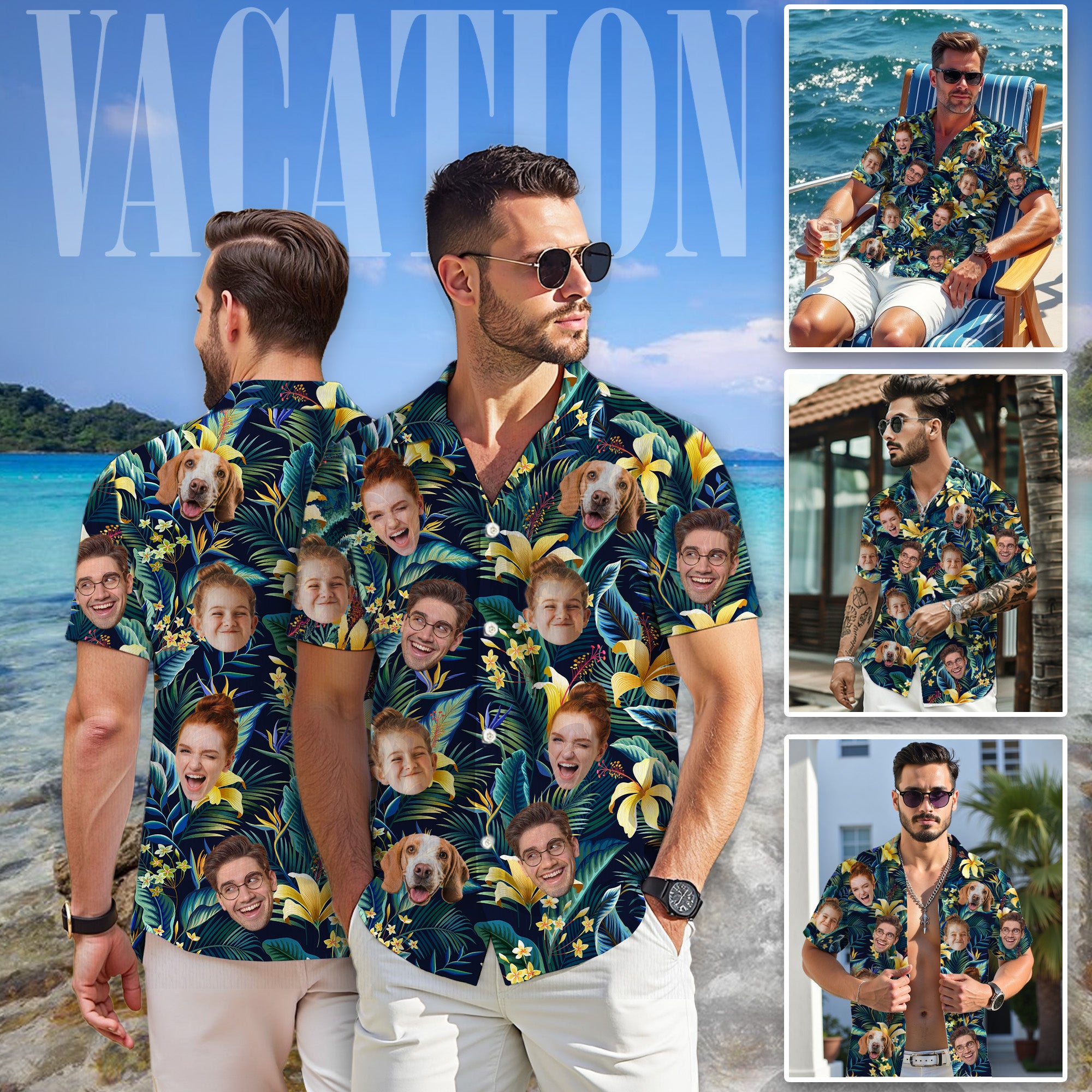 Custom Face Tropical Shirt, Personalized Yellow Lily & Jungle Leaves Hawaiian Shirt, Summer Vacation Gift