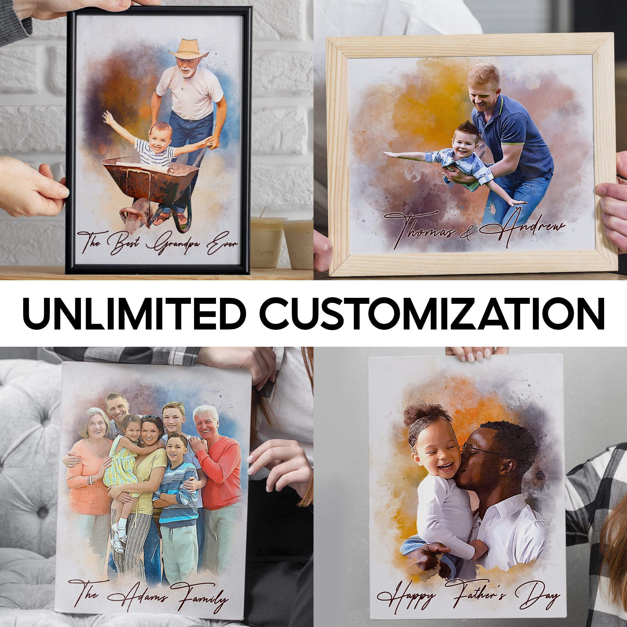Custom Father and Son Portrait Print, Personalized Watercolor Effect Canvas, Dad and Child Wall Art Gift for Father’s Day