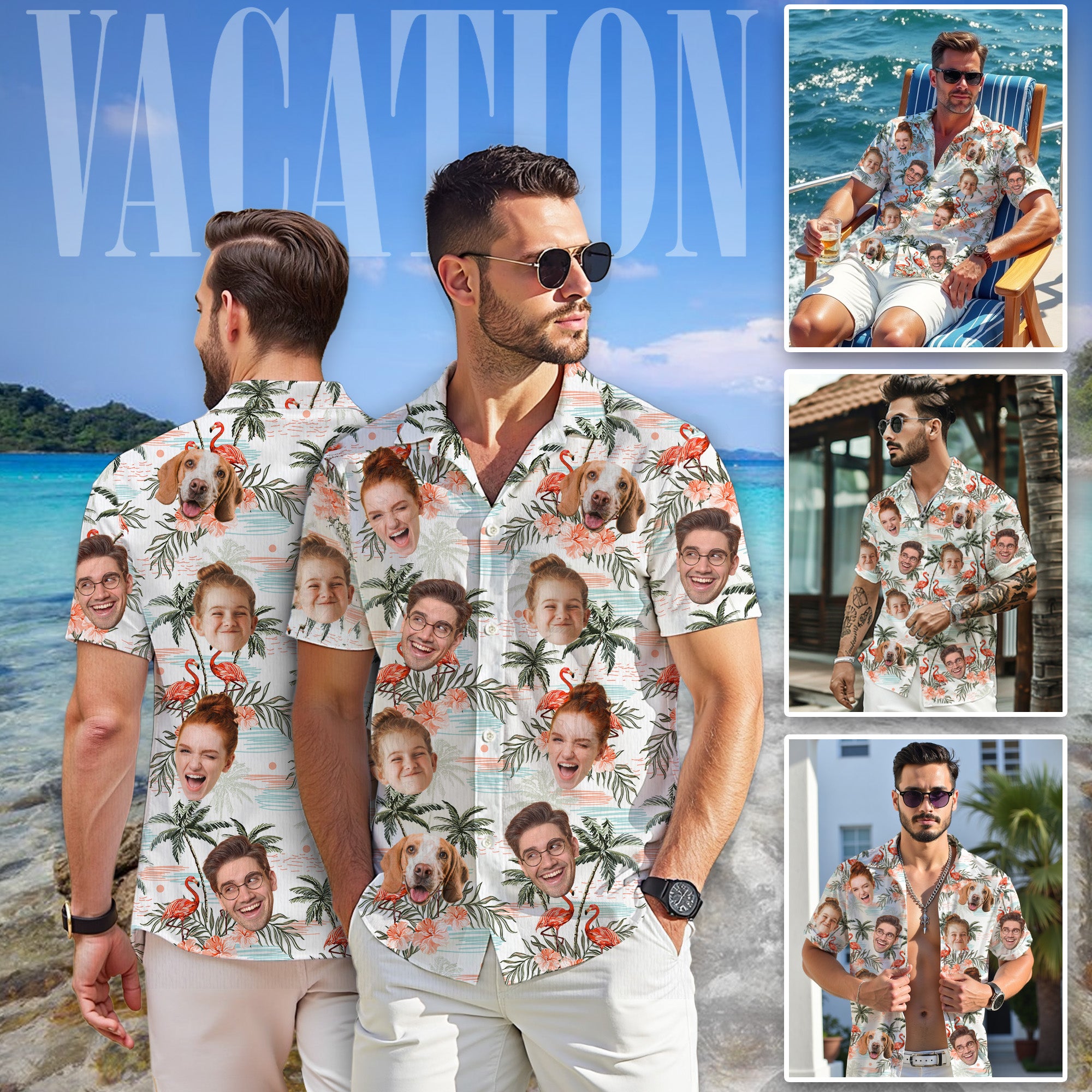 Custom Face Hawaiian Shirt, Personalized Flamingo & Palm Tree Aloha Beach Shirt, Family Vacation Gift