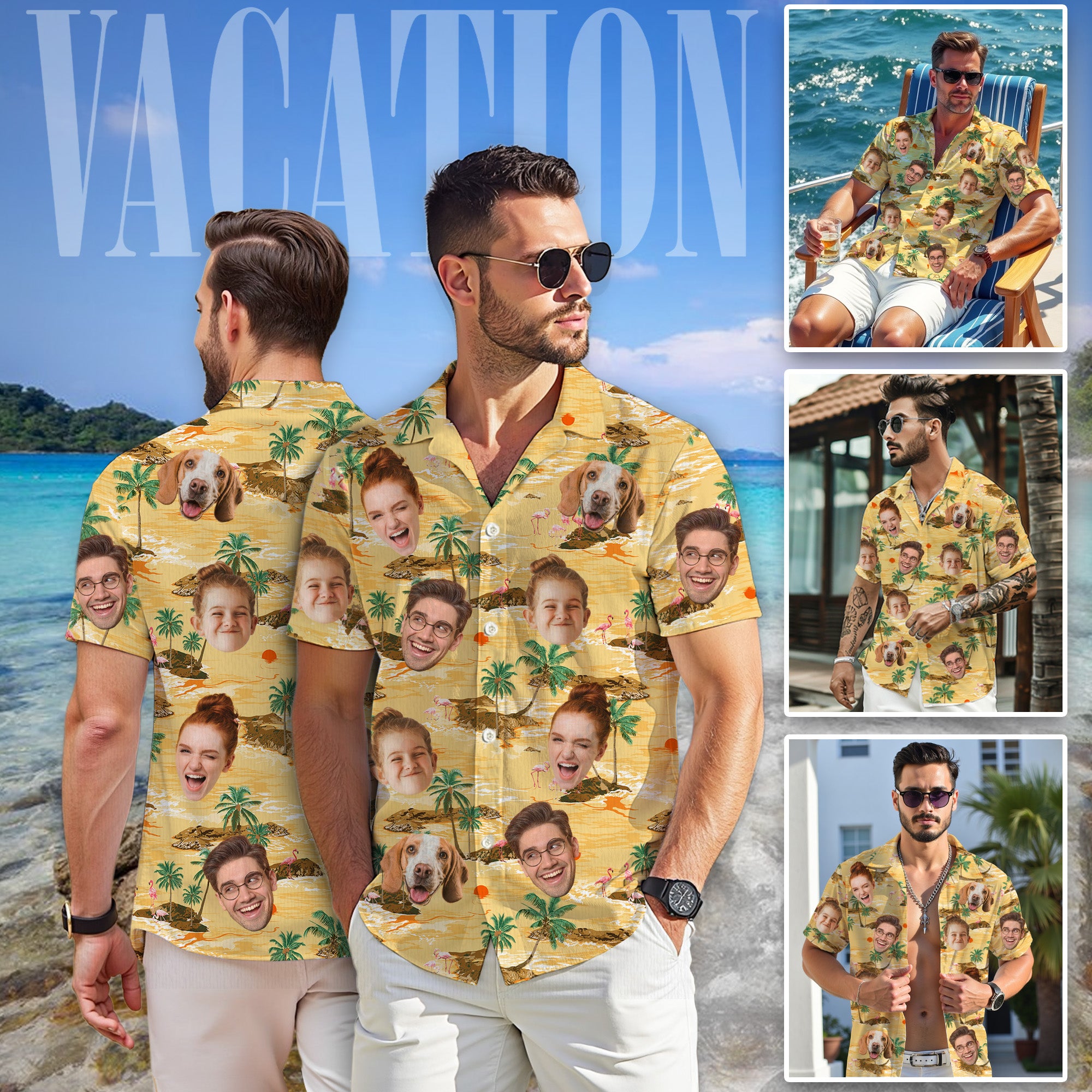 Custom Face Aloha Shirt for Men, Personalized Tropical Island Shirt with Family & Pet Faces, Beach Sunset Design