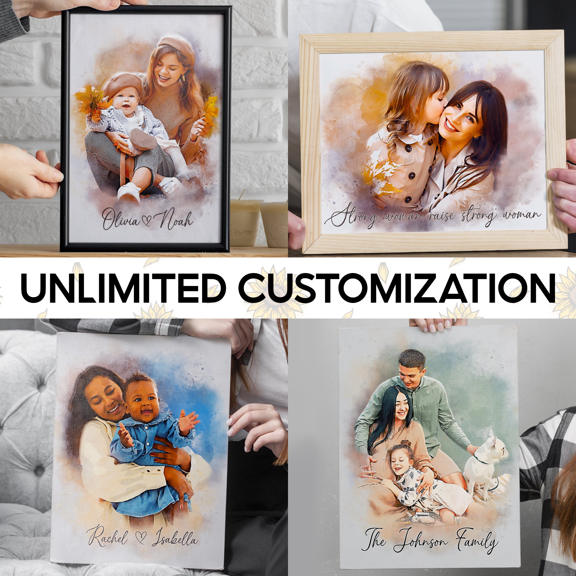 Custom Mom Portrait Poster Canvas Prints with Your Photos, Personalized Watercolor Grandma Picture Frame, Customized Family Portrait Pictures