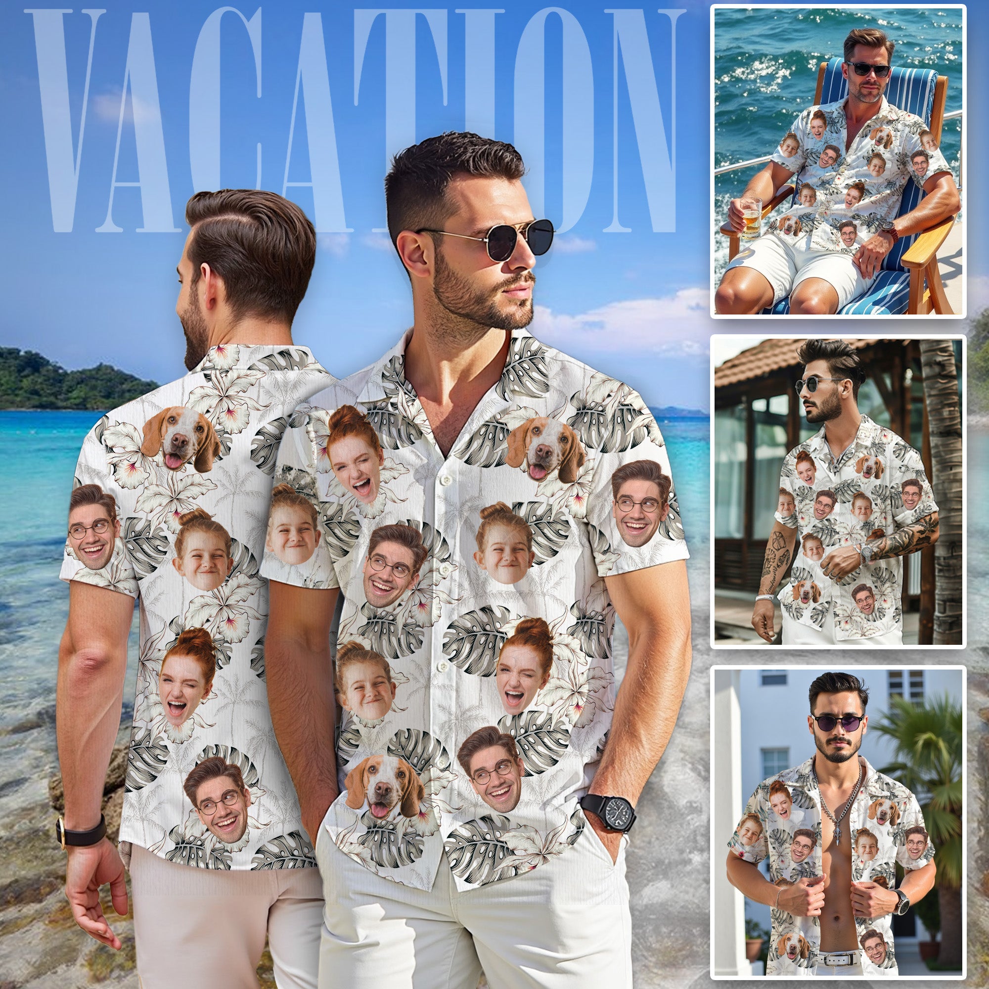 Custom Face Hawaiian Shirt, Personalized White Monstera Floral Shirt for Men, Funny Tropical Gift