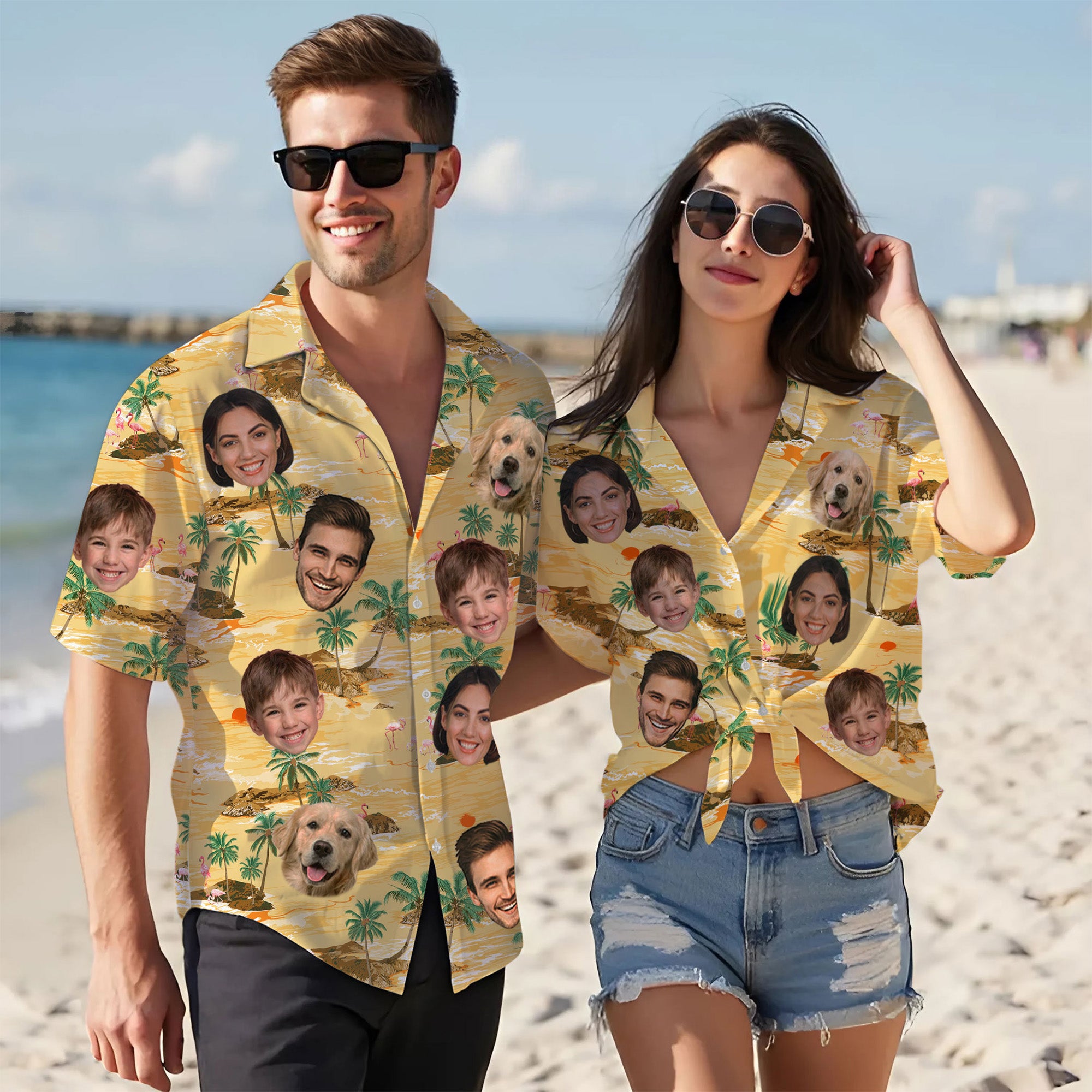 Custom Face Aloha Shirt for Men, Personalized Tropical Island Shirt with Family & Pet Faces, Beach Sunset Design