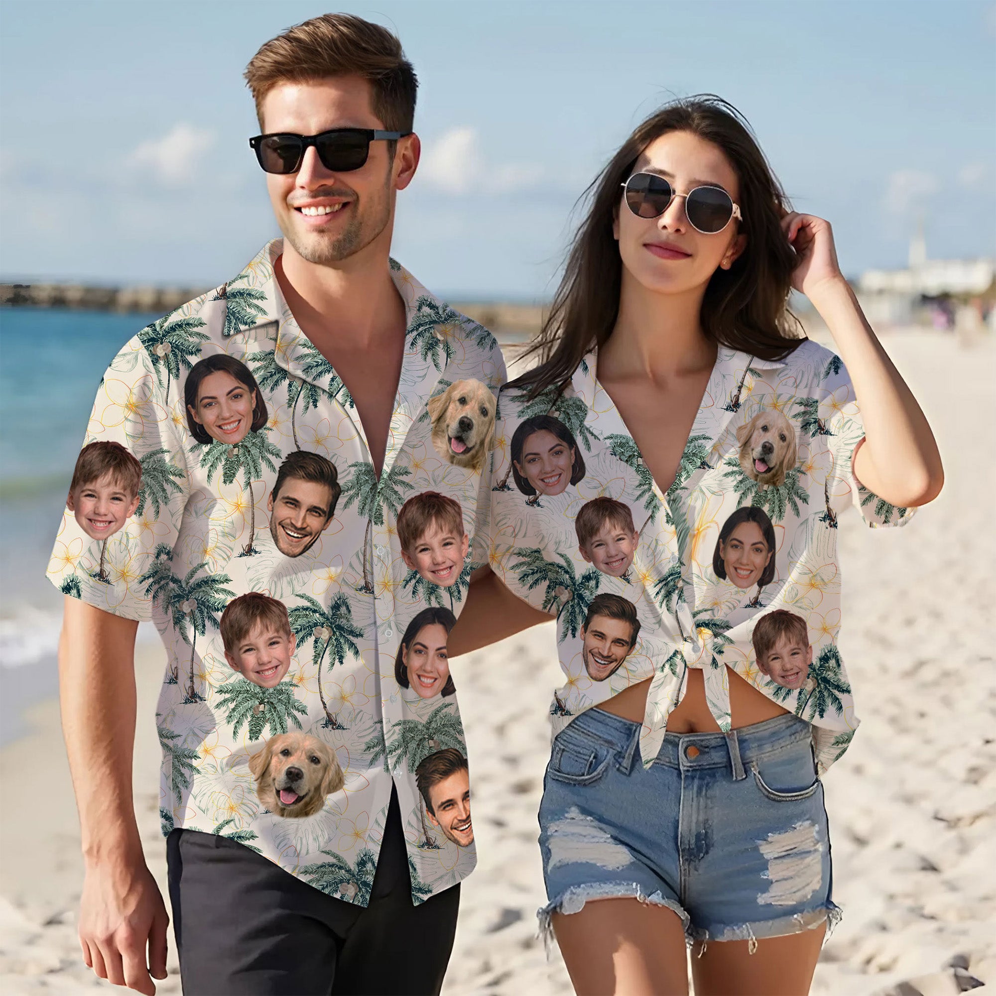 Custom Face Hawaiian Shirt for Men, Personalized Vacation Shirt with Family & Pet Faces, Palm Tree Summer Print