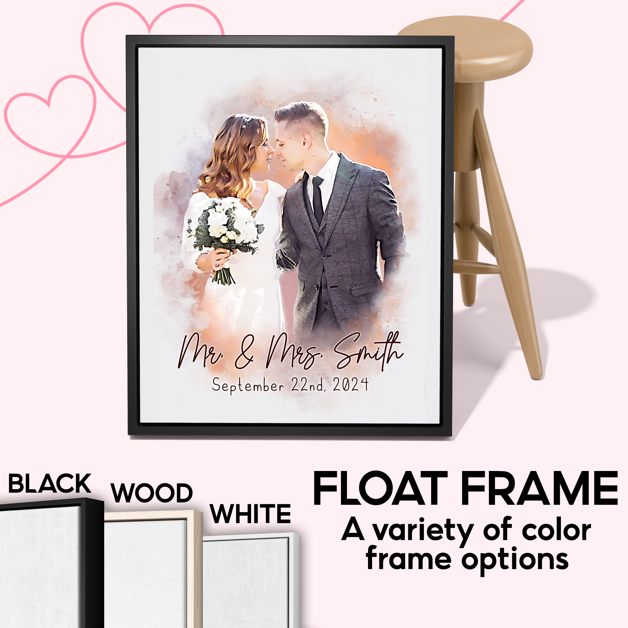 Custom Couple Portrait Canvas, Personalized Watercolor Anniversary Gift, Together Since 2024 Print