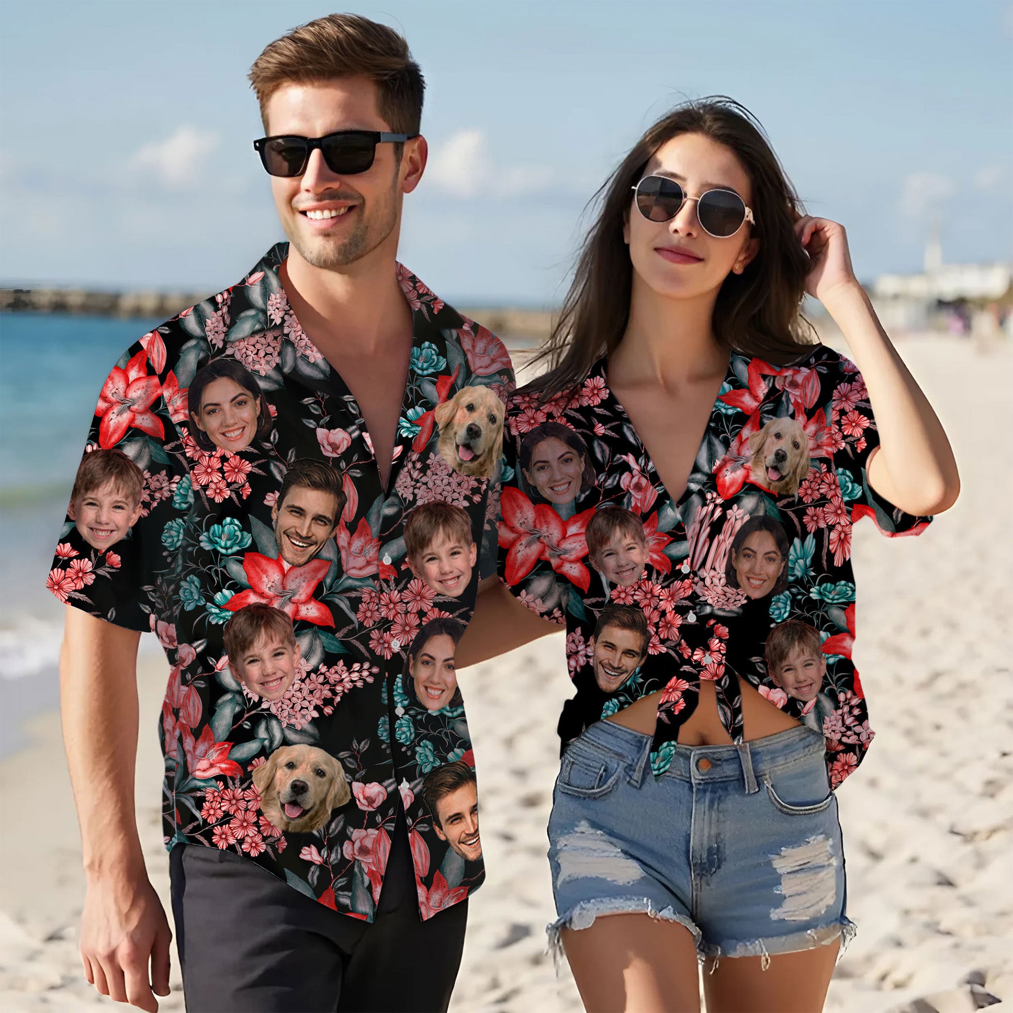Custom Face Shirt, Personalized Black Floral Hawaiian Shirt for Men, Funny Summer Gift
