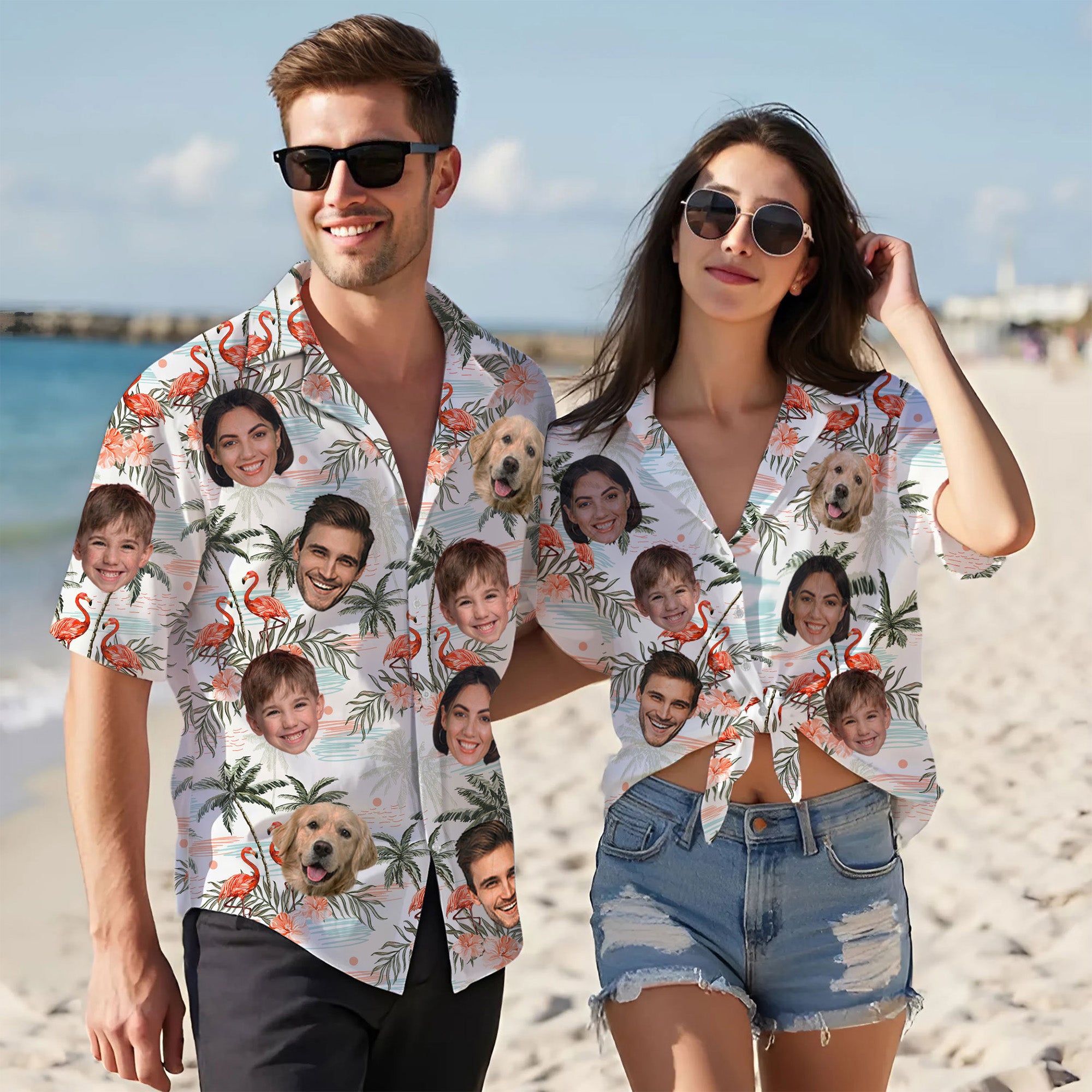 Custom Face Hawaiian Shirt, Personalized Flamingo & Palm Tree Aloha Beach Shirt, Family Vacation Gift