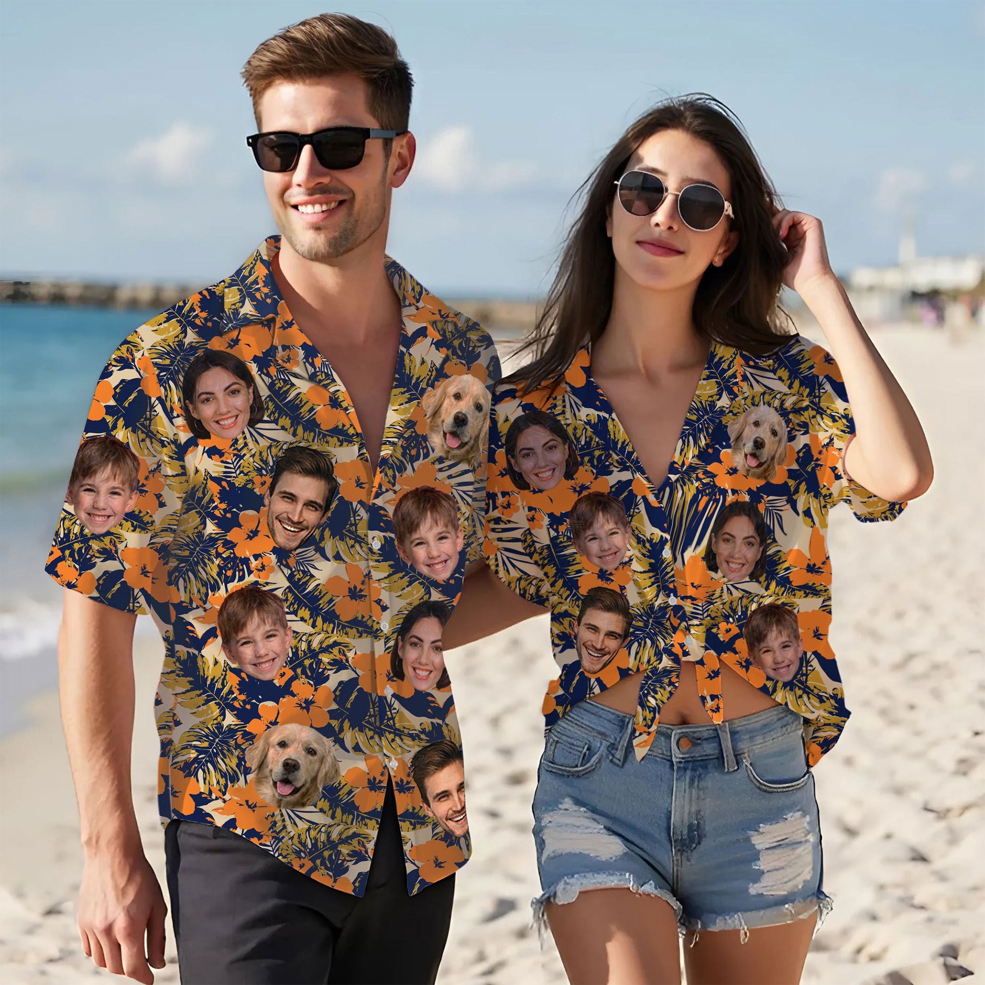 Custom Face Hawaiian Shirt, Personalized Orange Tropical Flower Shirt for Men, Funny Summer Vacation Gift
