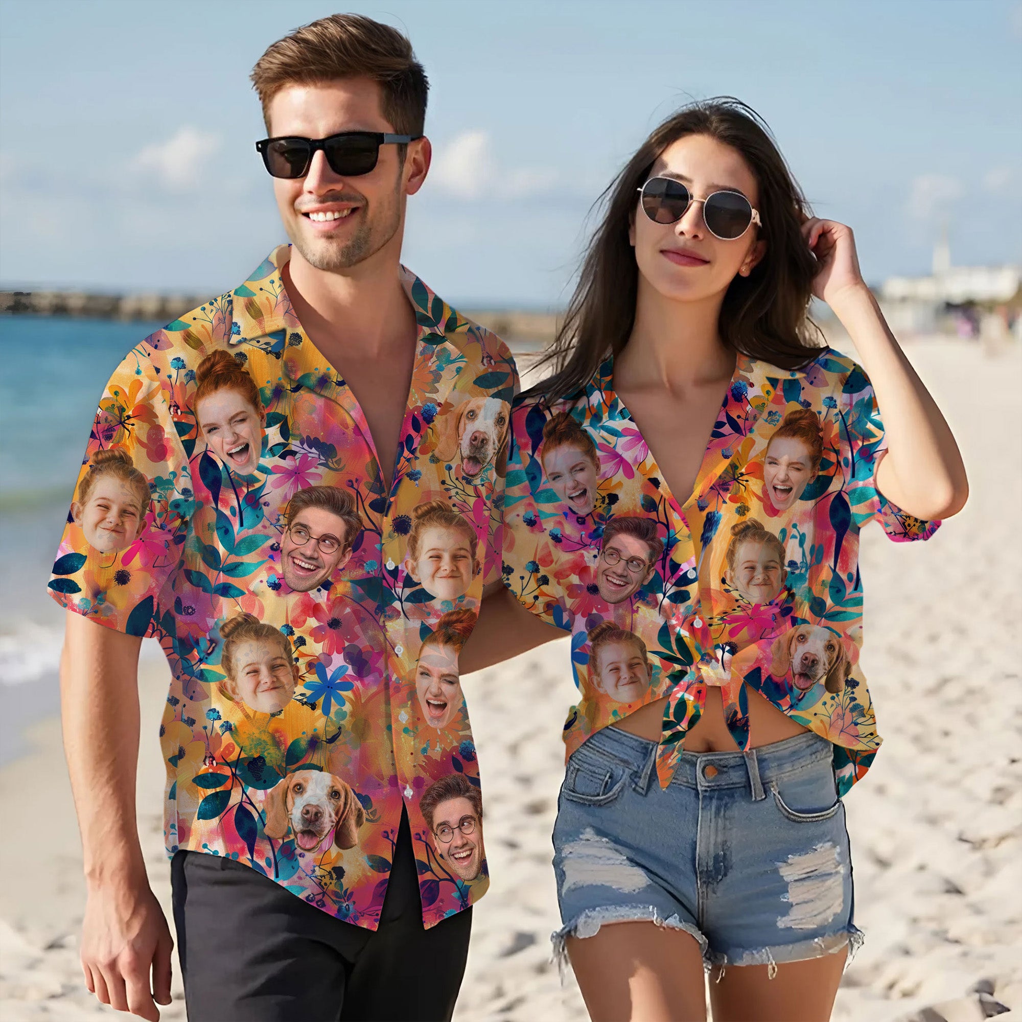 Custom Face Hawaiian Shirt, Personalized Tropical Floral Shirt with Family and Pet Faces, Funny Summer Vacation Gift for Men
