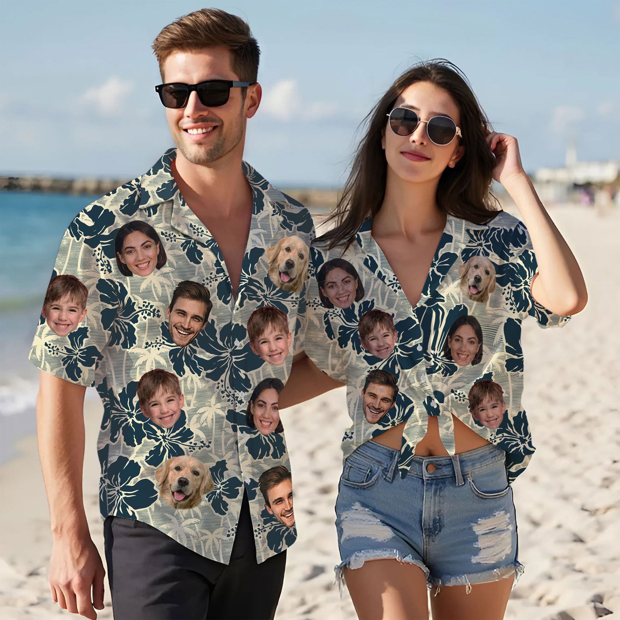 Custom Face Hawaiian Shirt, Personalized Photo Aloha Shirt with Family & Pet Faces, Tropical Floral Design